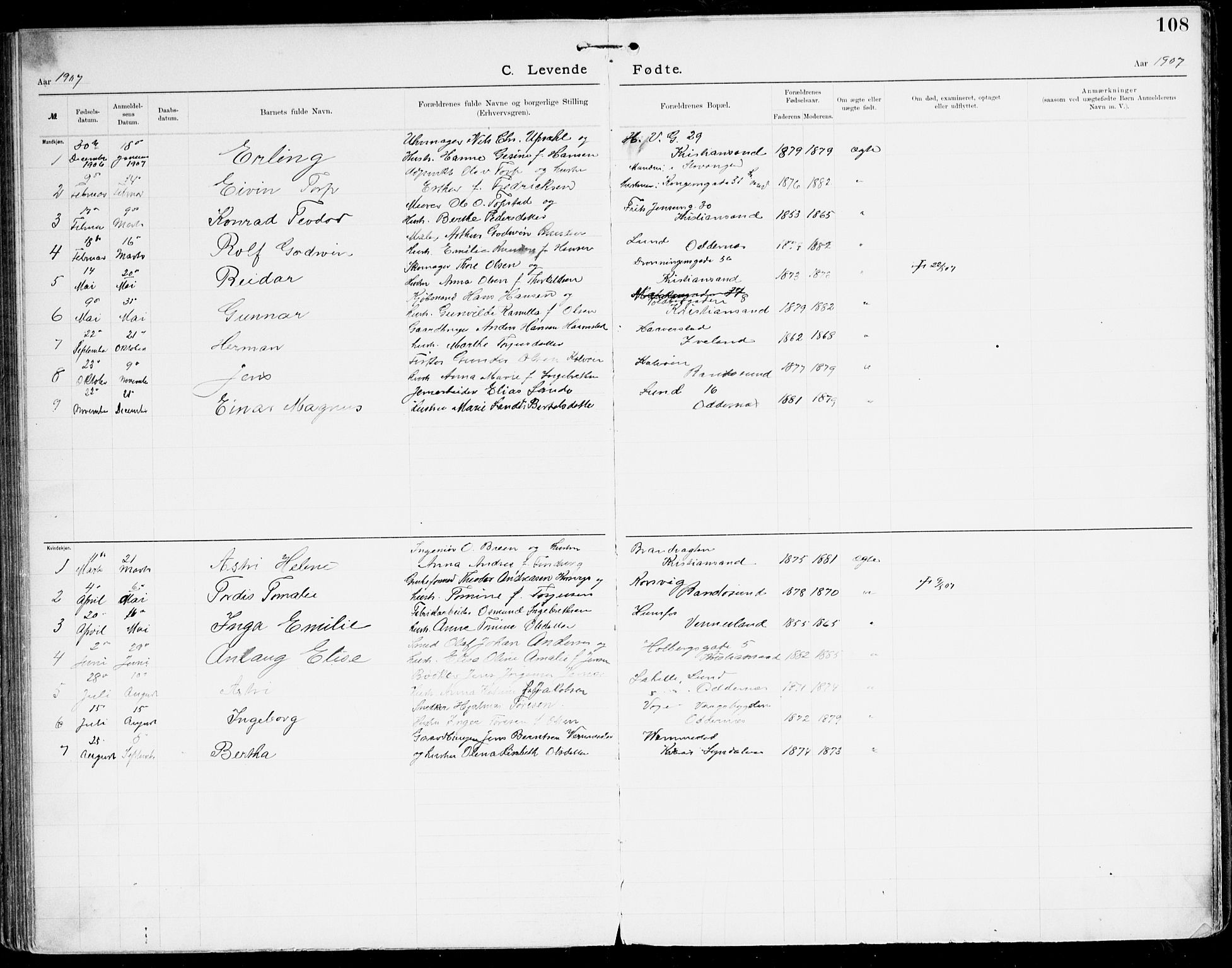 Den evangelisk-lutherske frikirke, Kristiansand, AV/SAK-1292-0017/F/Fa/L0003: Dissenter register no. F 11, 1892-1925, p. 108