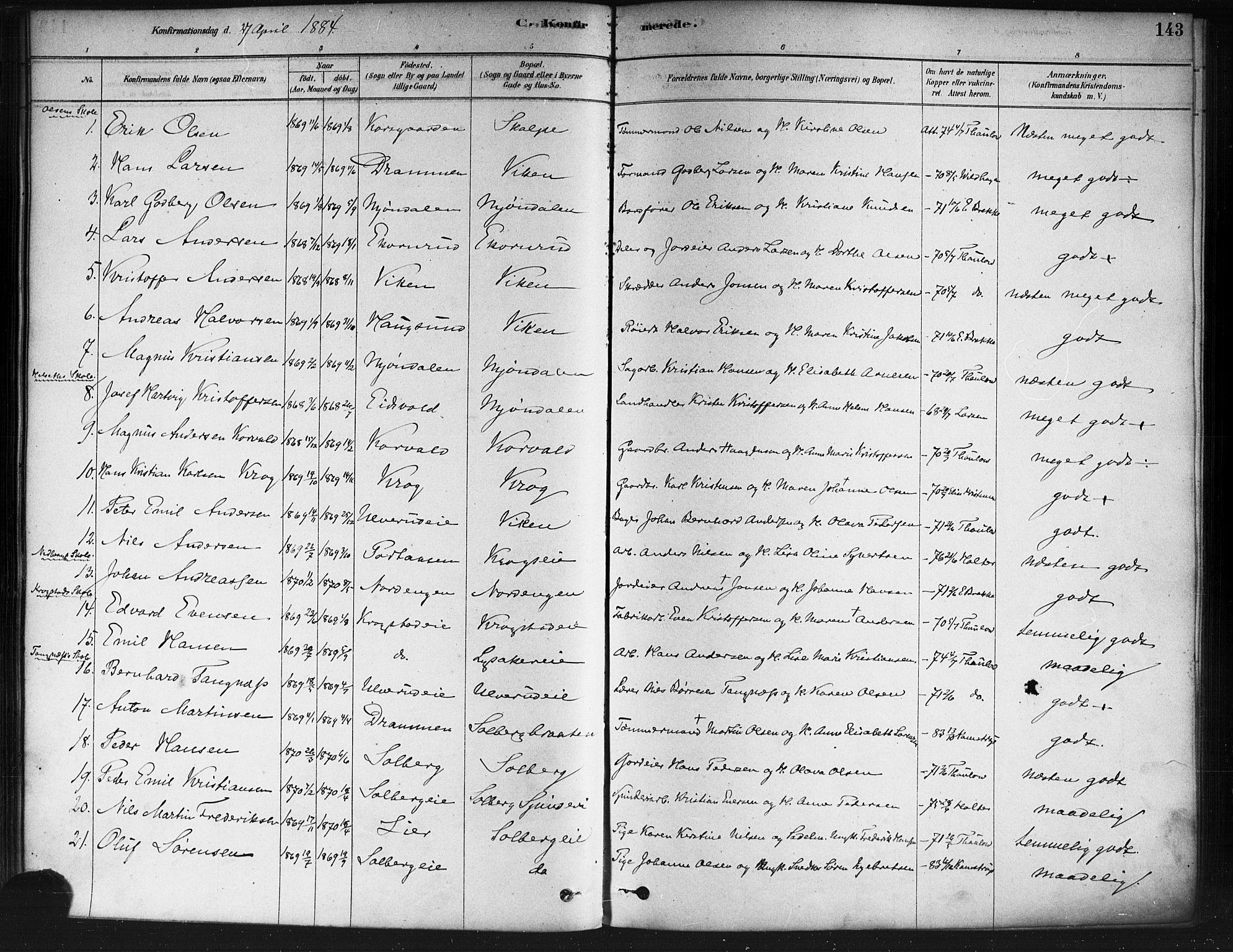 Nedre Eiker kirkebøker, AV/SAKO-A-612/F/Fa/L0002: Parish register (official) no. 2, 1878-1885, p. 143