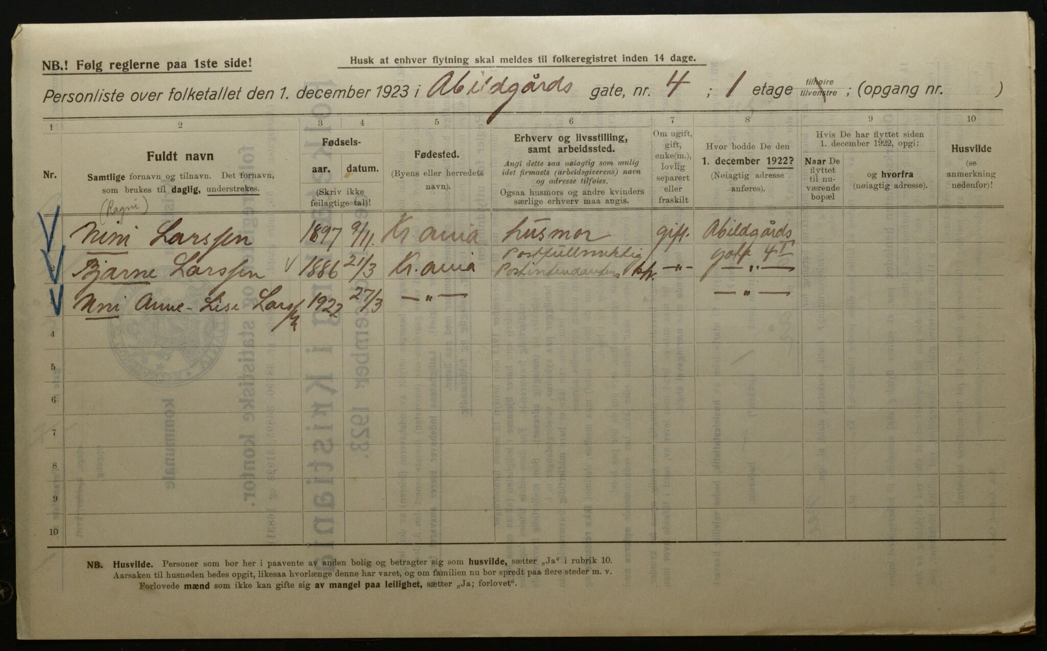 OBA, Municipal Census 1923 for Kristiania, 1923, p. 22