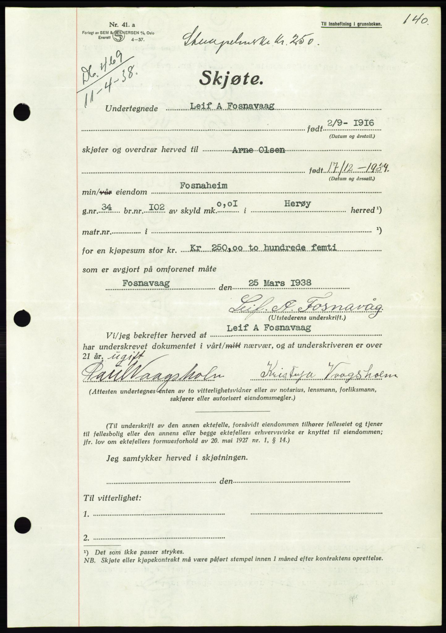 Søre Sunnmøre sorenskriveri, AV/SAT-A-4122/1/2/2C/L0065: Mortgage book no. 59, 1938-1938, Diary no: : 469/1938