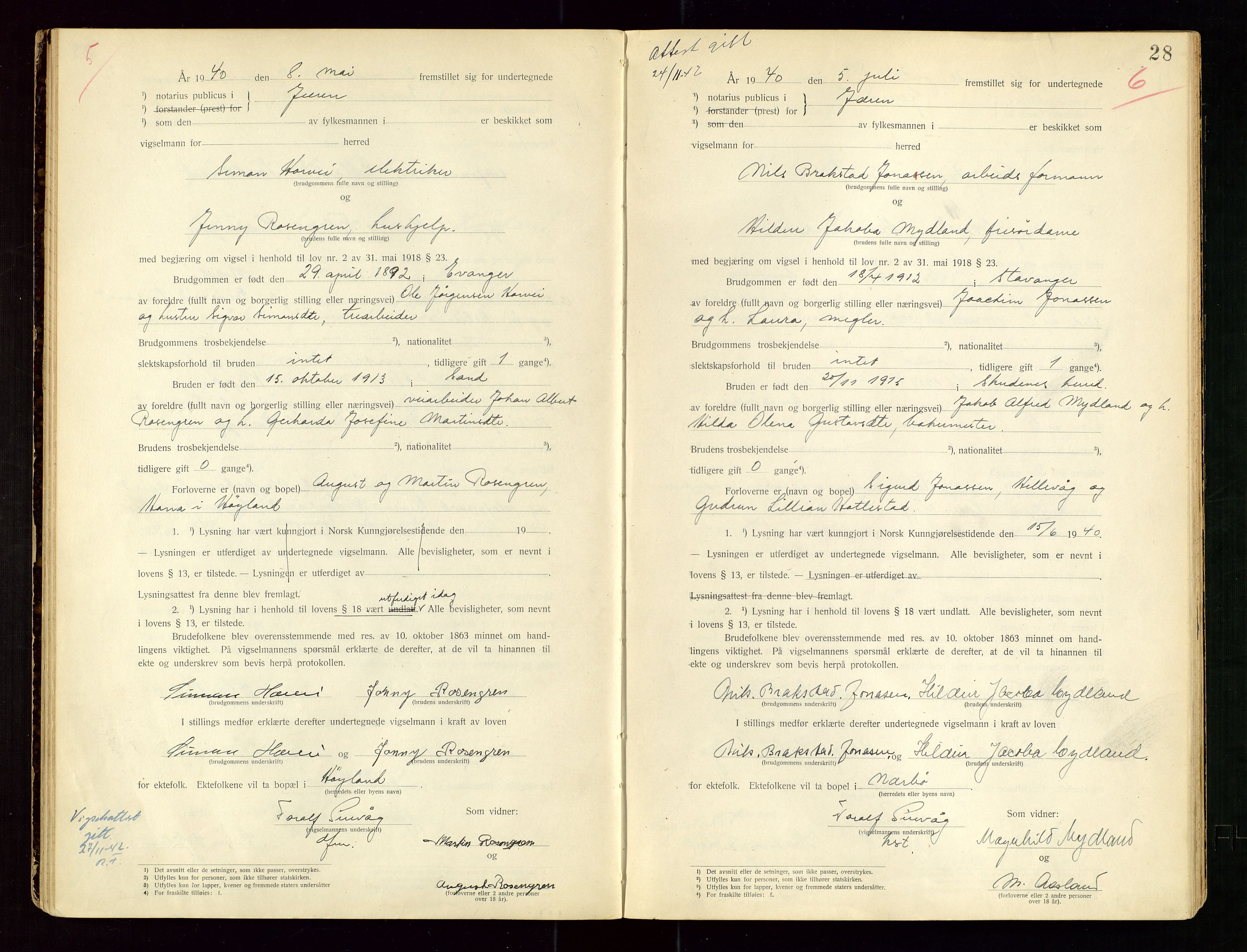 Jæren sorenskriveri, AV/SAST-A-100310/01/6/62/62BA/L0002: VIGSELSPROTOKOLL, 1937-1942, p. 28