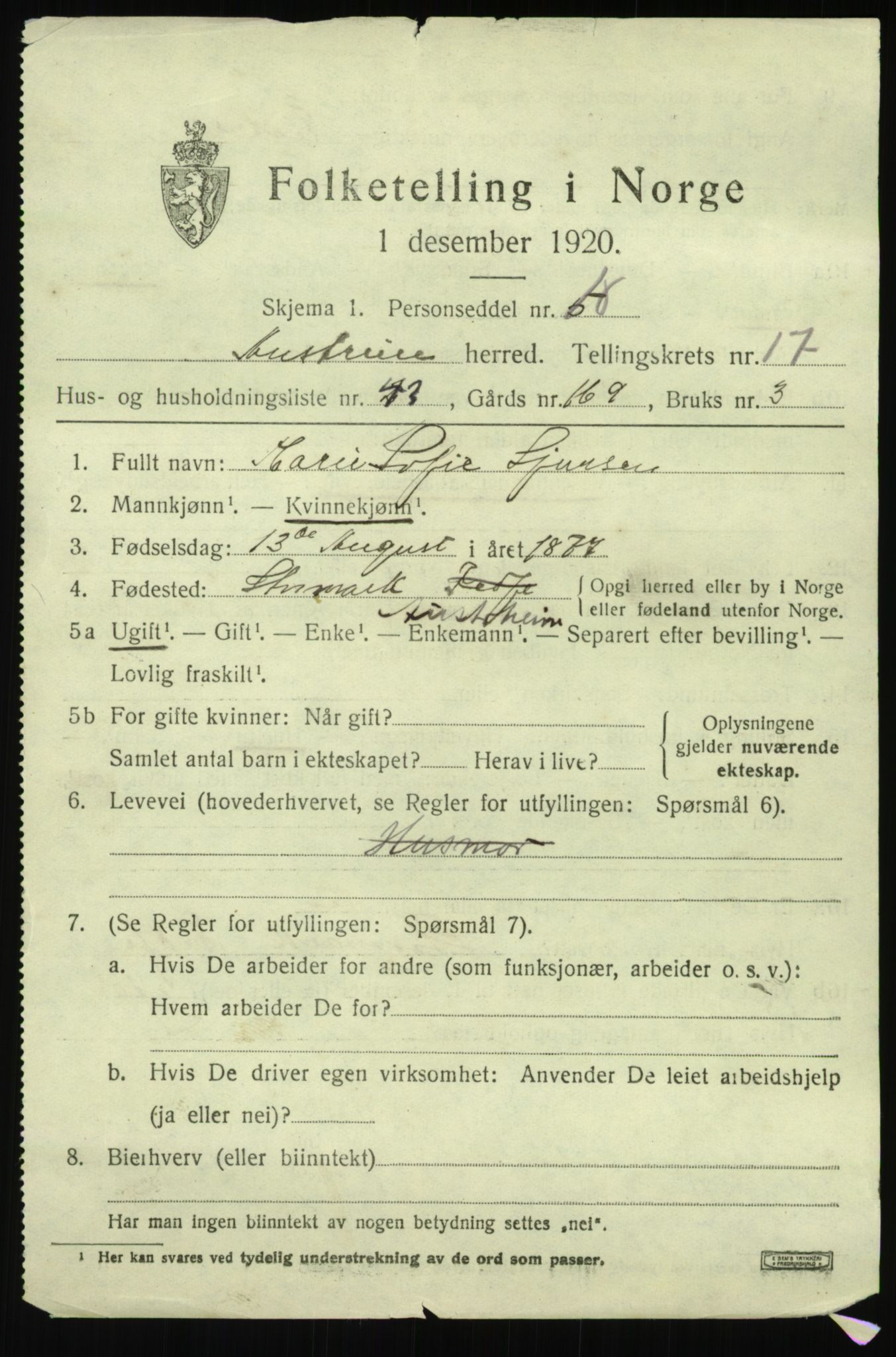 SAB, 1920 census for Austrheim, 1920, p. 5968