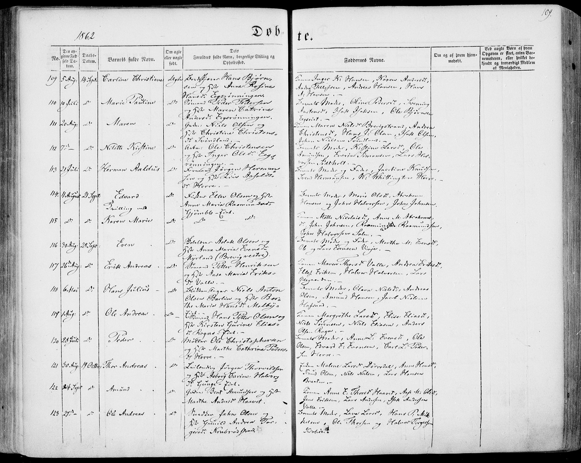 Bamble kirkebøker, AV/SAKO-A-253/F/Fa/L0005: Parish register (official) no. I 5, 1854-1869, p. 109