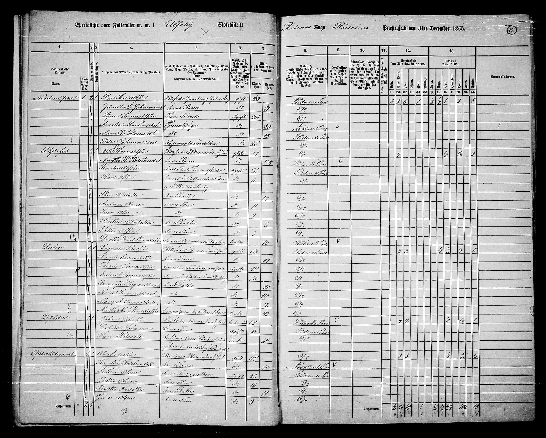 RA, 1865 census for Rødenes, 1865, p. 13