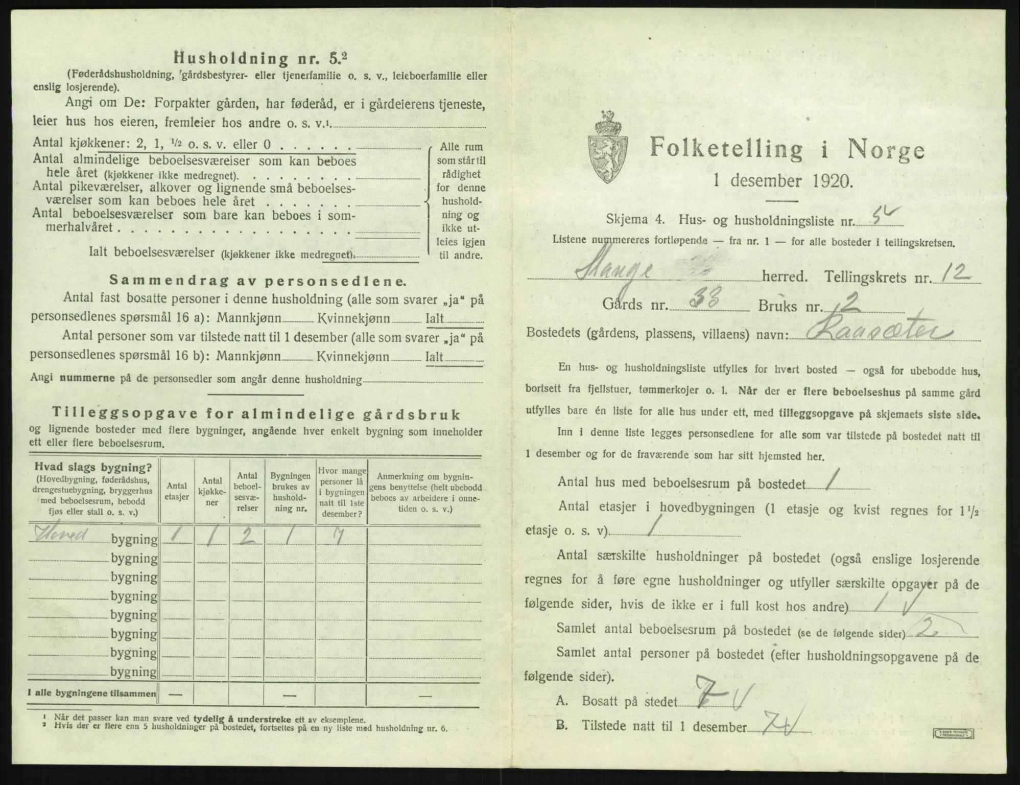 SAH, 1920 census for Stange, 1920, p. 2595