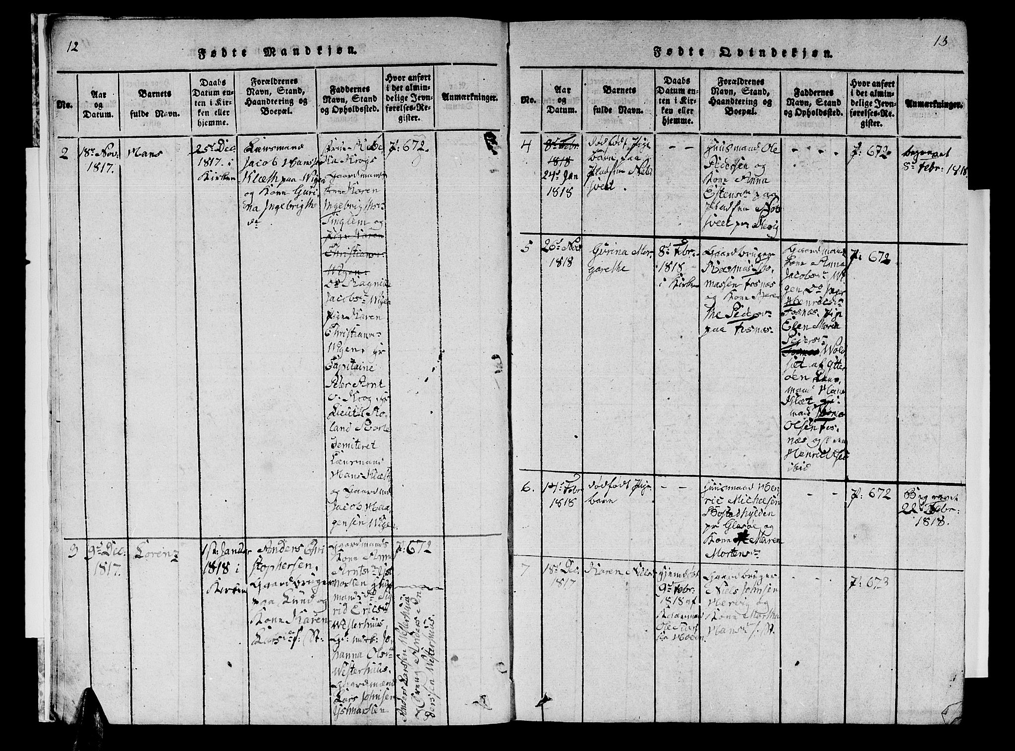 Ministerialprotokoller, klokkerbøker og fødselsregistre - Nord-Trøndelag, AV/SAT-A-1458/741/L0400: Parish register (copy) no. 741C01, 1817-1825, p. 12-13