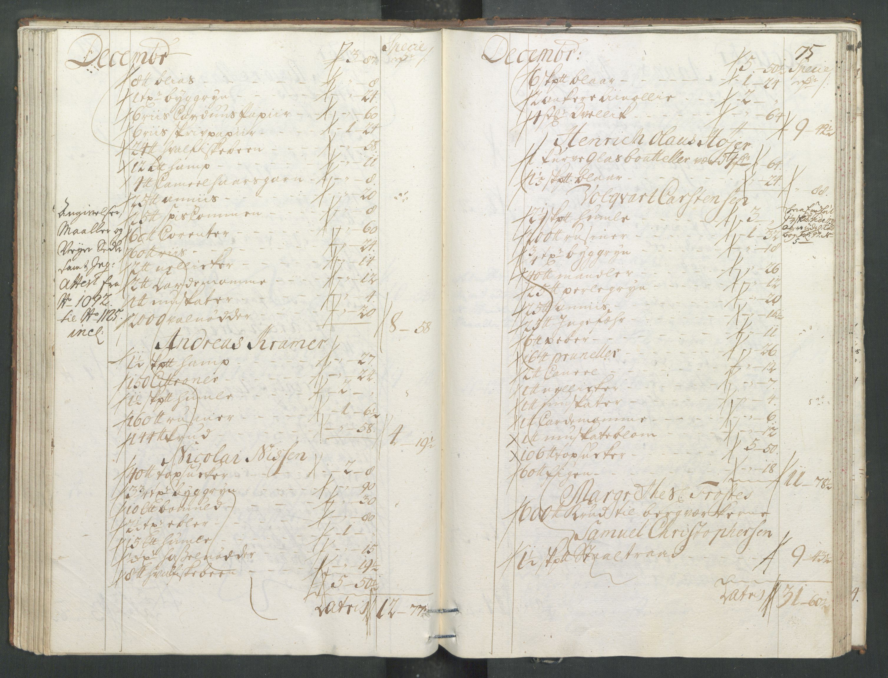 Generaltollkammeret, tollregnskaper, RA/EA-5490/R33/L0013/0001: Tollregnskaper Trondheim A / Inngående tollbok, 1731, p. 74b-75a
