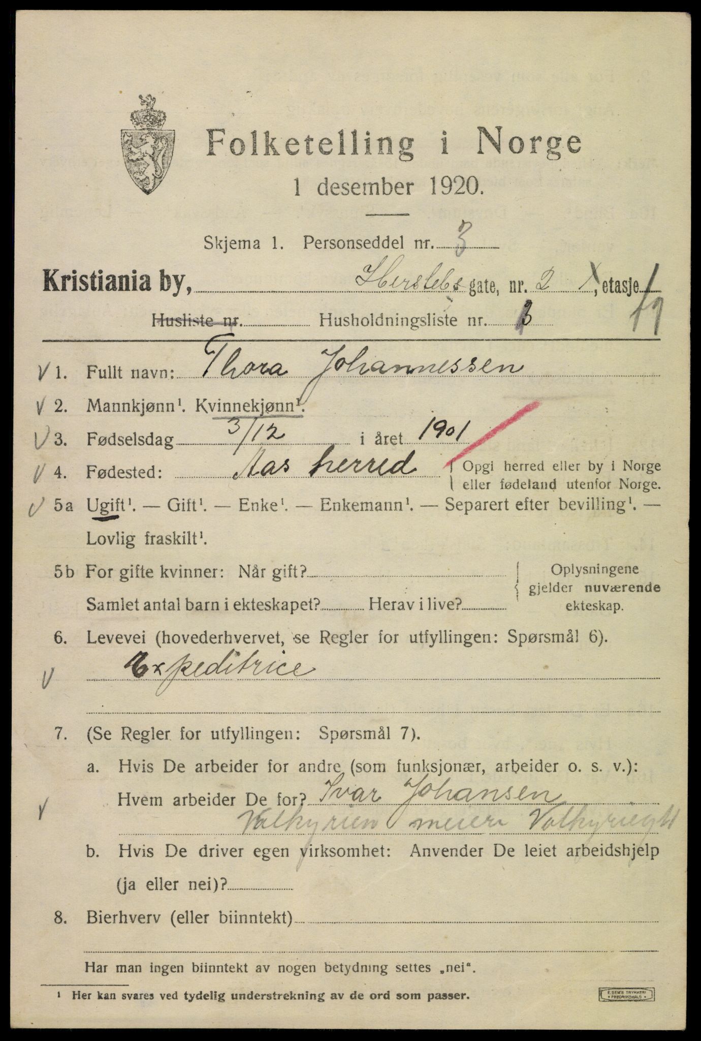 SAO, 1920 census for Kristiania, 1920, p. 289115