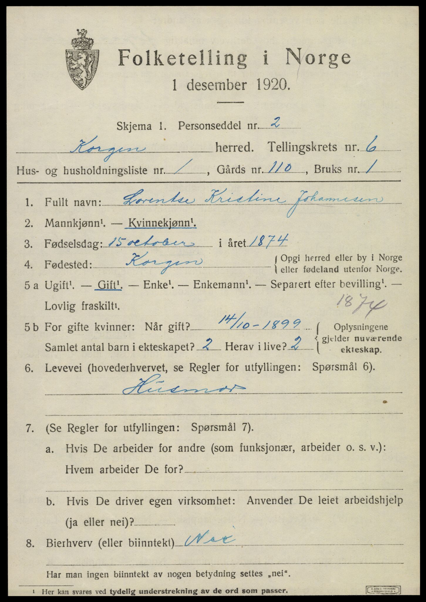 SAT, 1920 census for Korgen, 1920, p. 2414