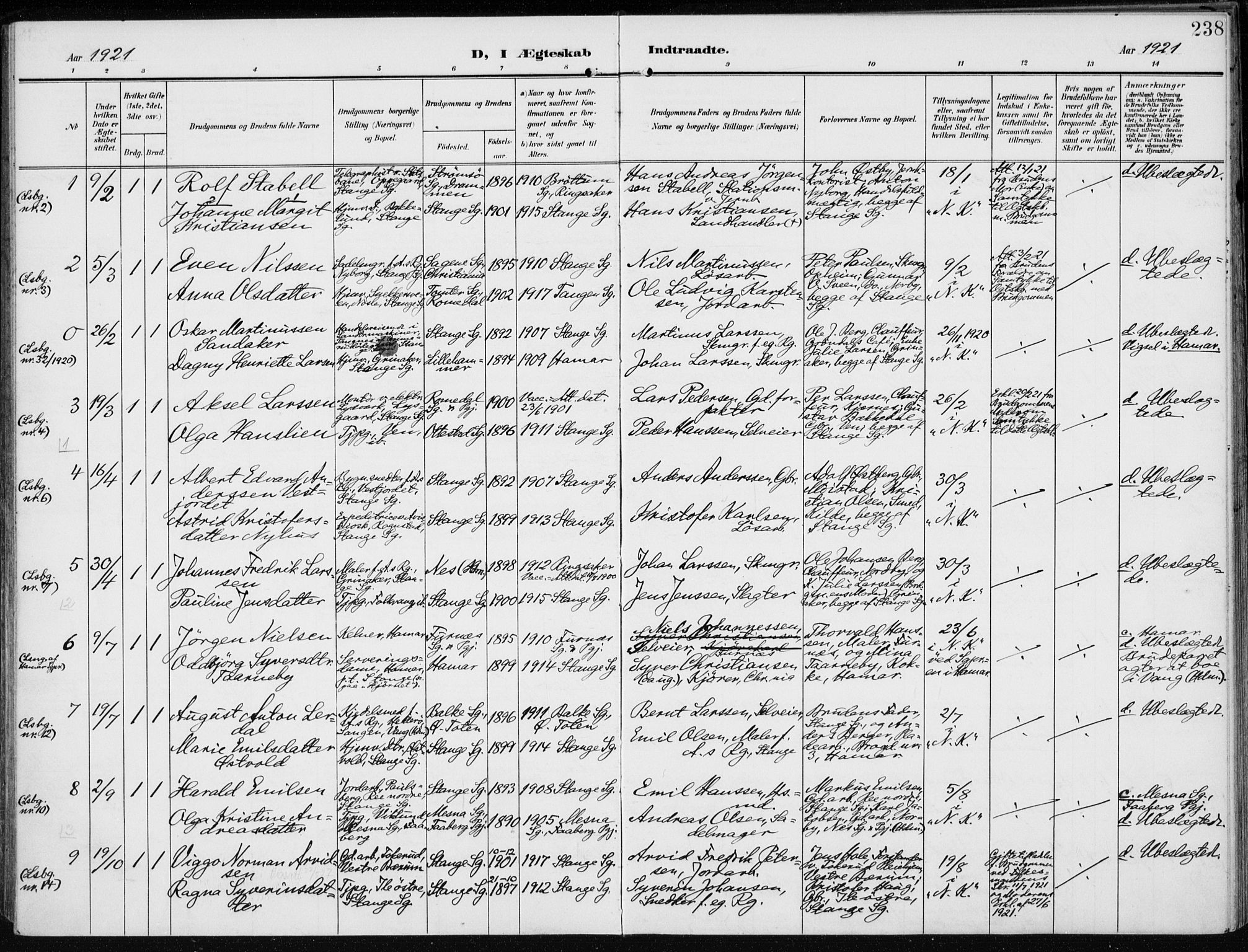 Stange prestekontor, SAH/PREST-002/K/L0024: Parish register (official) no. 24, 1906-1922, p. 238