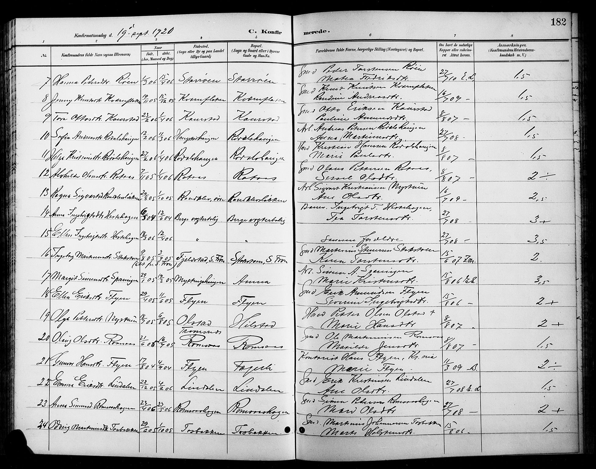 Ringebu prestekontor, AV/SAH-PREST-082/H/Ha/Hab/L0009: Parish register (copy) no. 9, 1899-1921, p. 182