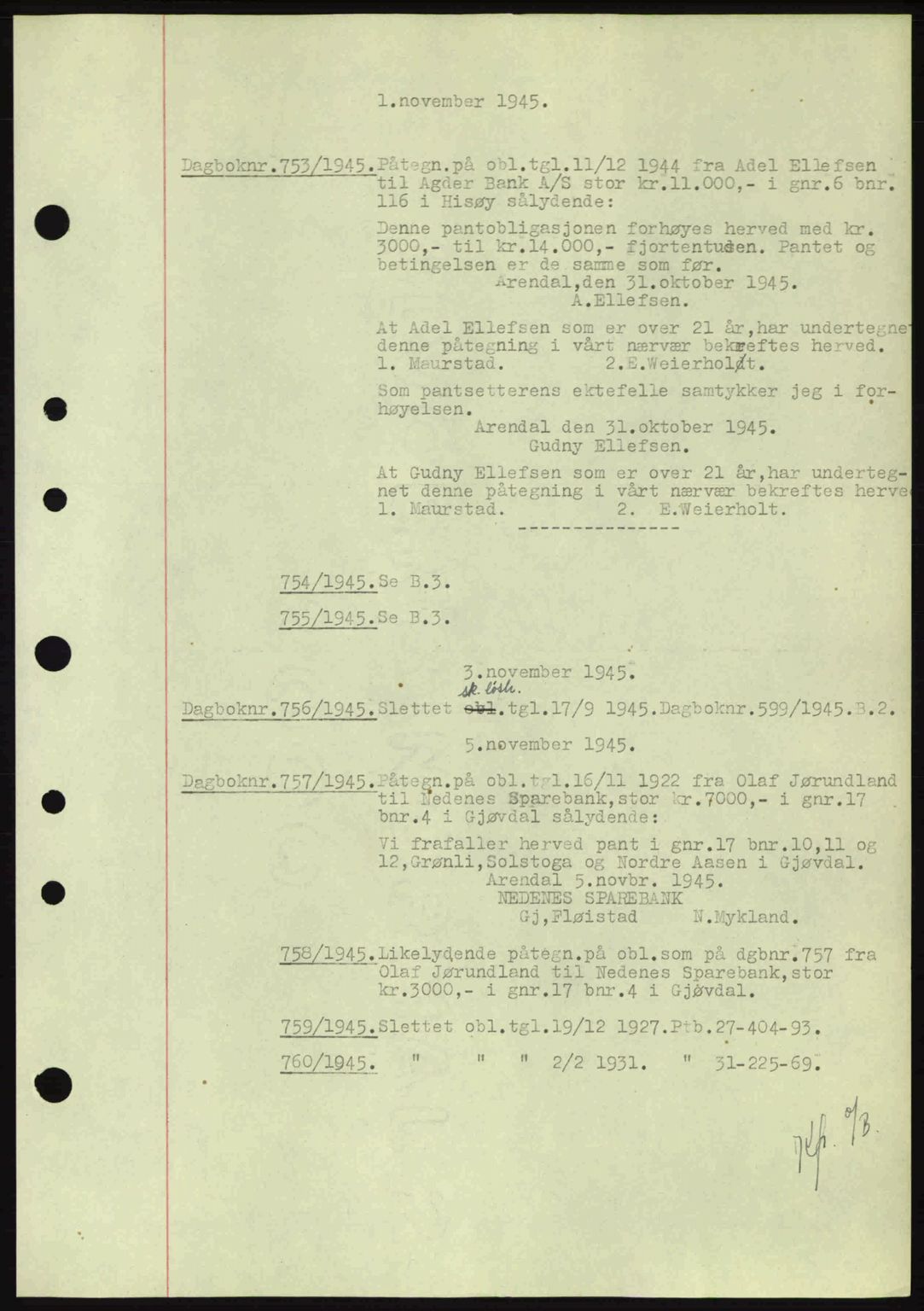 Nedenes sorenskriveri, SAK/1221-0006/G/Gb/Gba/L0053: Mortgage book no. A6b, 1945-1945, Diary no: : 753/1945