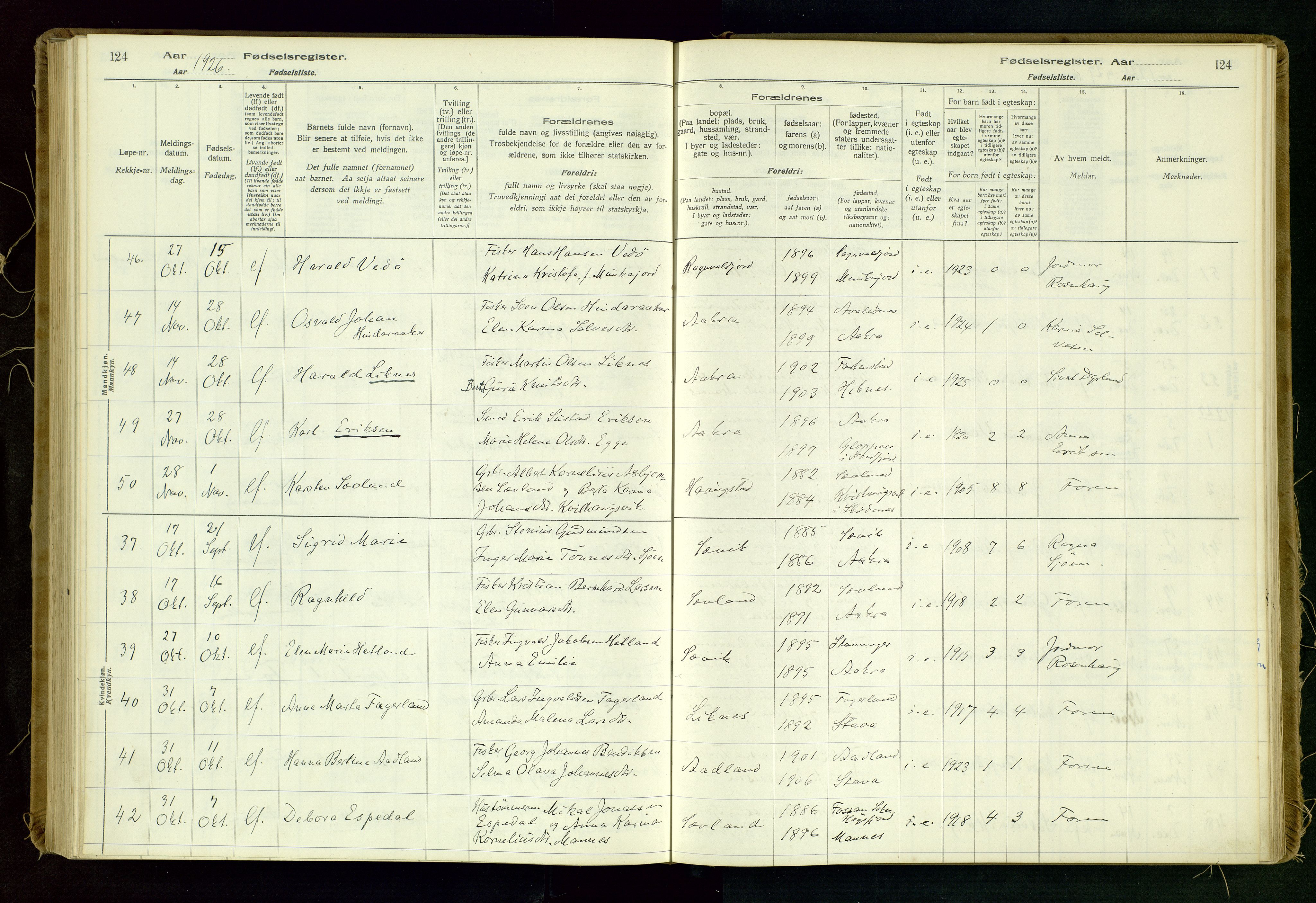 Kopervik sokneprestkontor, AV/SAST-A-101850/I/Id/L0006: Birth register no. 6, 1916-1934, p. 124