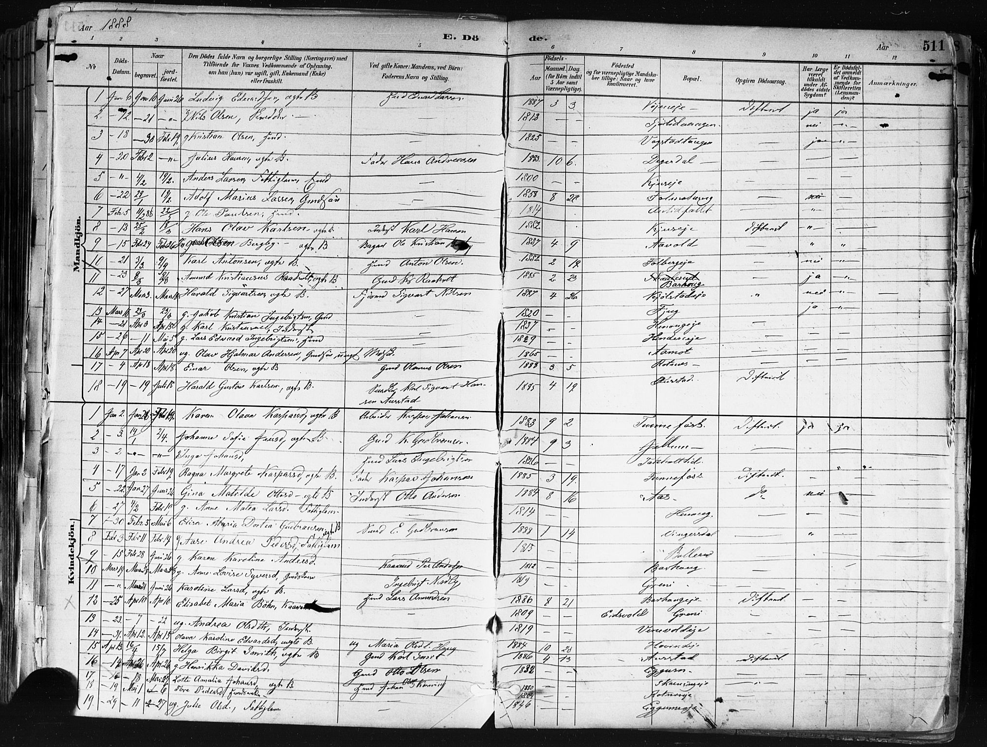 Nes prestekontor Kirkebøker, SAO/A-10410/F/Fa/L0010: Parish register (official) no. I 10, 1883-1898, p. 511