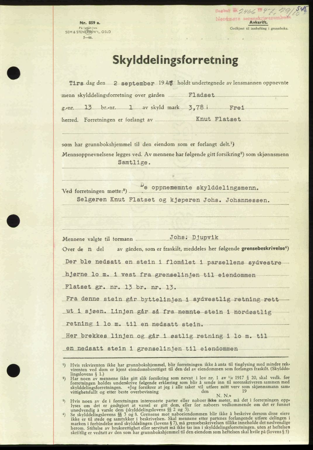 Nordmøre sorenskriveri, AV/SAT-A-4132/1/2/2Ca: Mortgage book no. A106, 1947-1947, Diary no: : 2466/1947