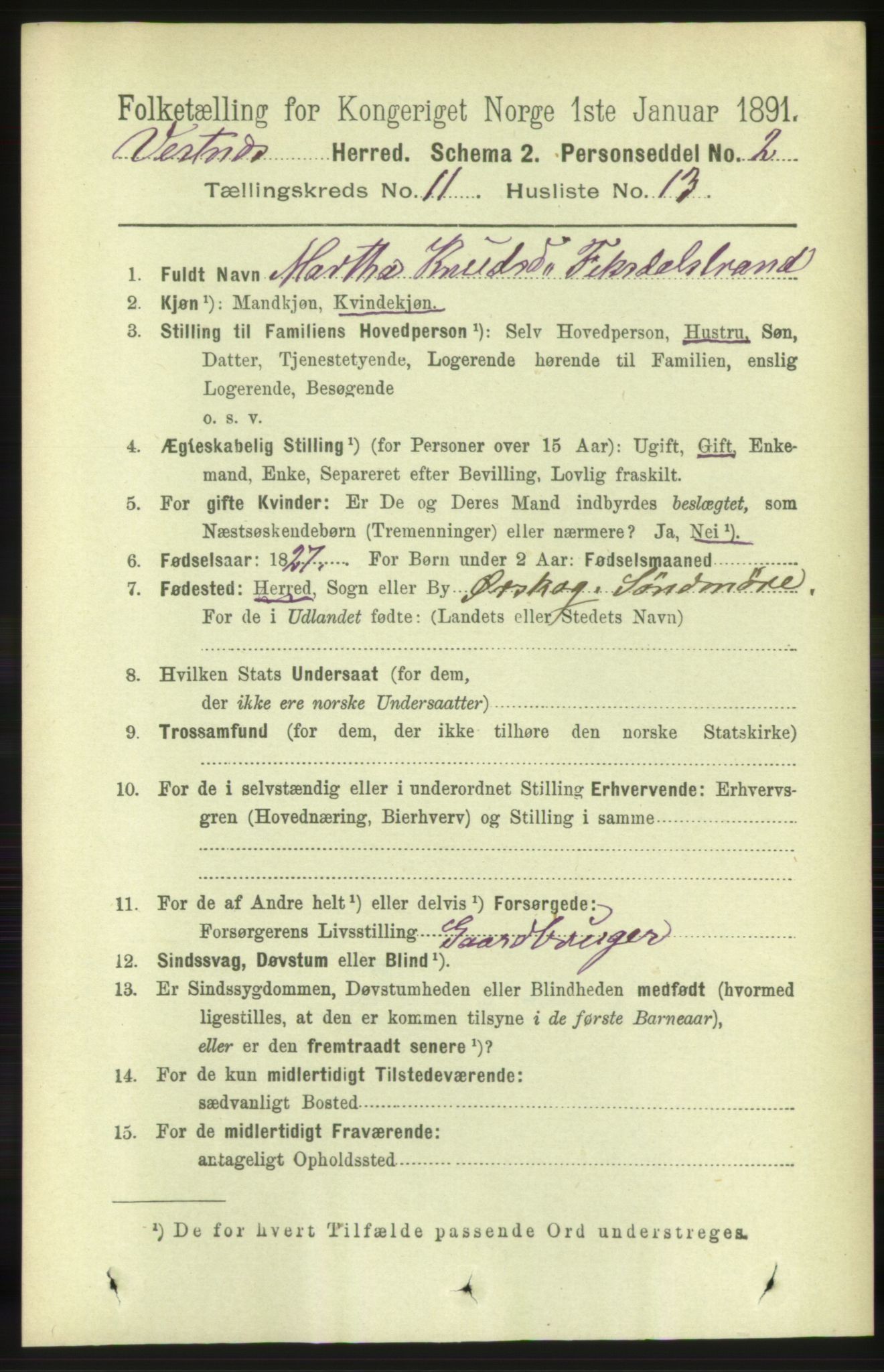 RA, 1891 census for 1535 Vestnes, 1891, p. 3996