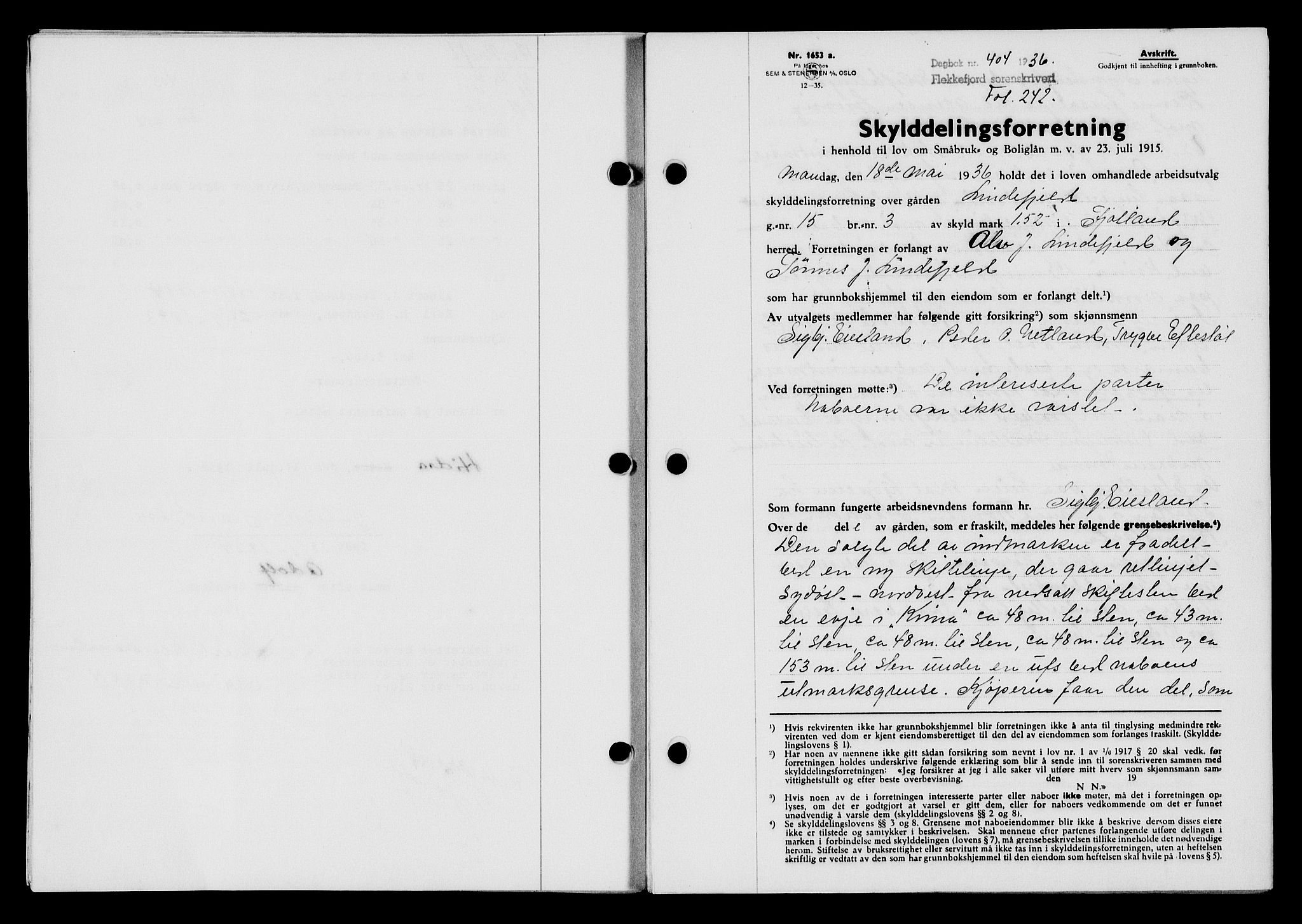 Flekkefjord sorenskriveri, SAK/1221-0001/G/Gb/Gba/L0053: Mortgage book no. A-1, 1936-1937, Diary no: : 404/1936