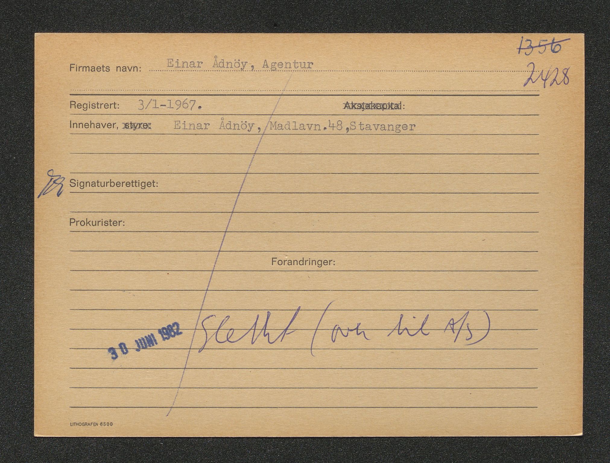 Stavanger byfogd, AV/SAST-A-101408/001/4/42/422/4221A/L0005: Register over slettede firma N-R, 1891-1987, p. 827