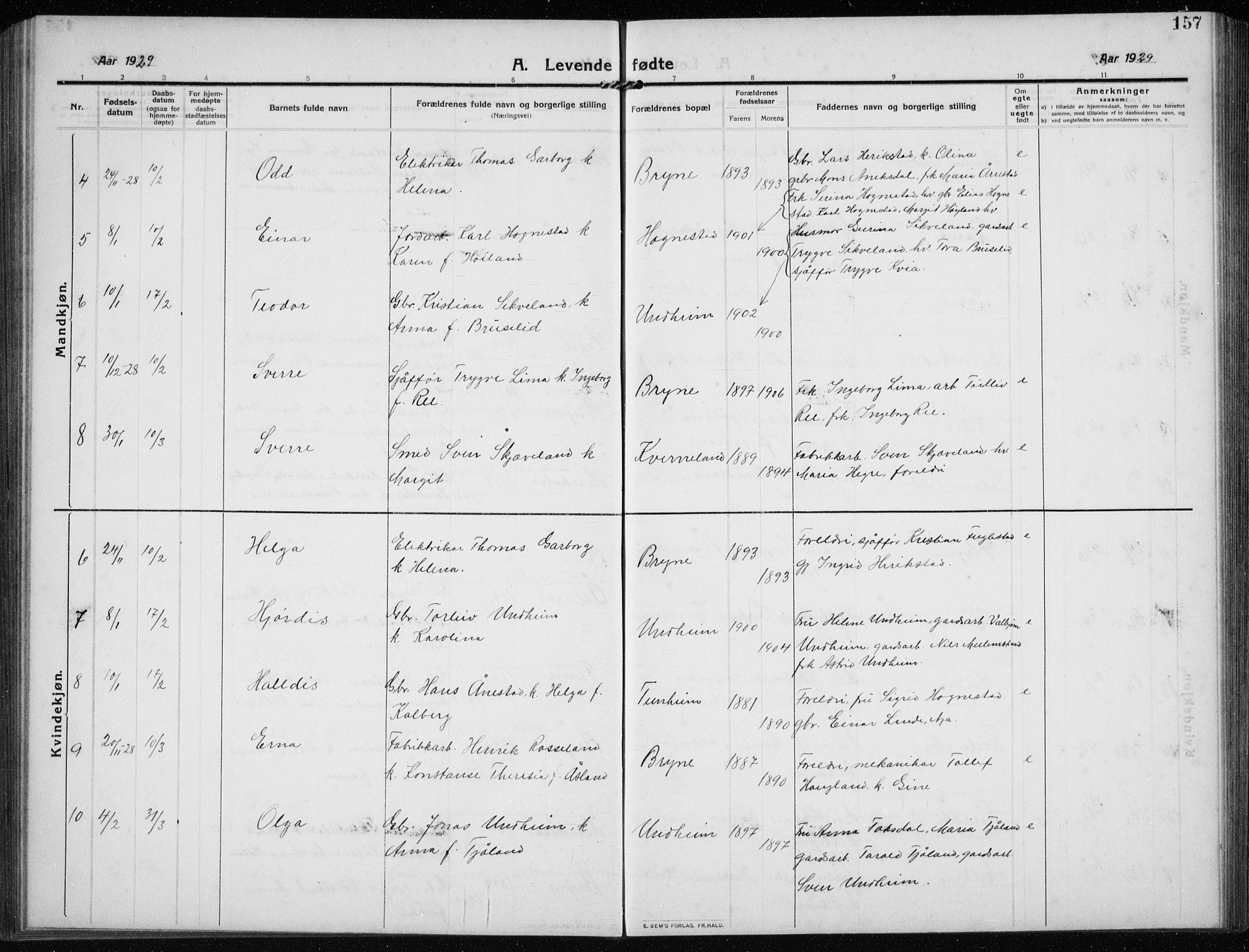 Time sokneprestkontor, AV/SAST-A-101795/001/30BB/L0001: Parish register (copy) no. B 1, 1910-1932, p. 157