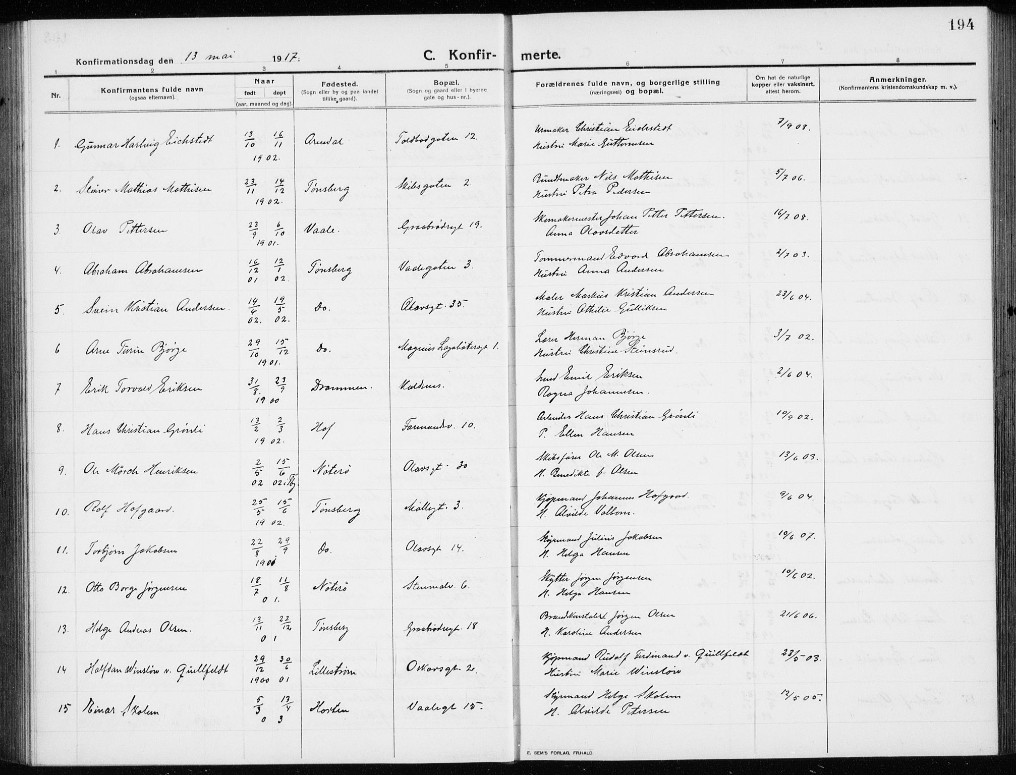 Tønsberg kirkebøker, AV/SAKO-A-330/G/Ga/L0009: Parish register (copy) no. 9, 1913-1920, p. 194