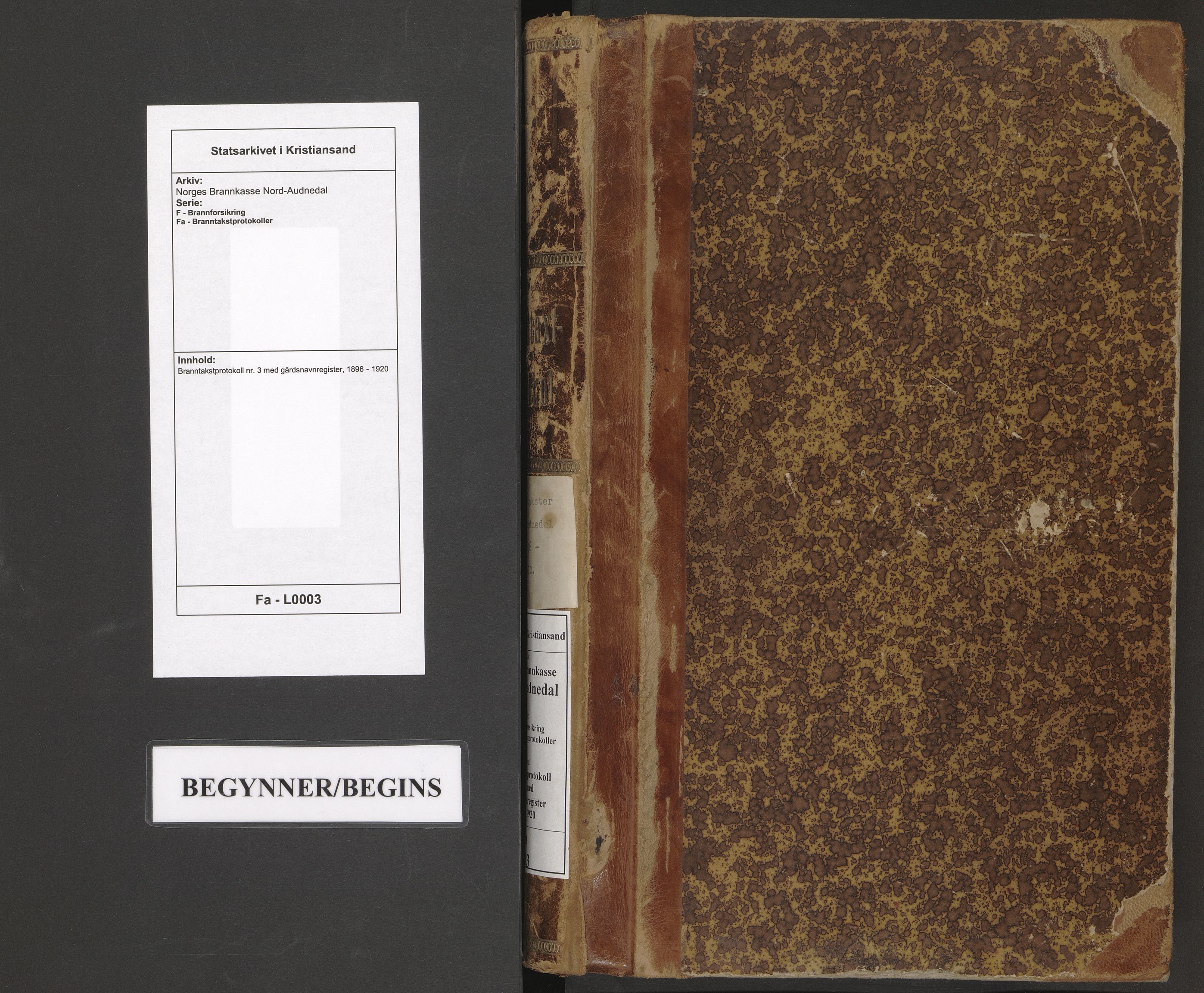 Norges Brannkasse Nord-Audnedal, SAK/2241-0041/F/Fa/L0003: Branntakstprotokoll nr. 3 med gårdsnavnregister, 1896-1920