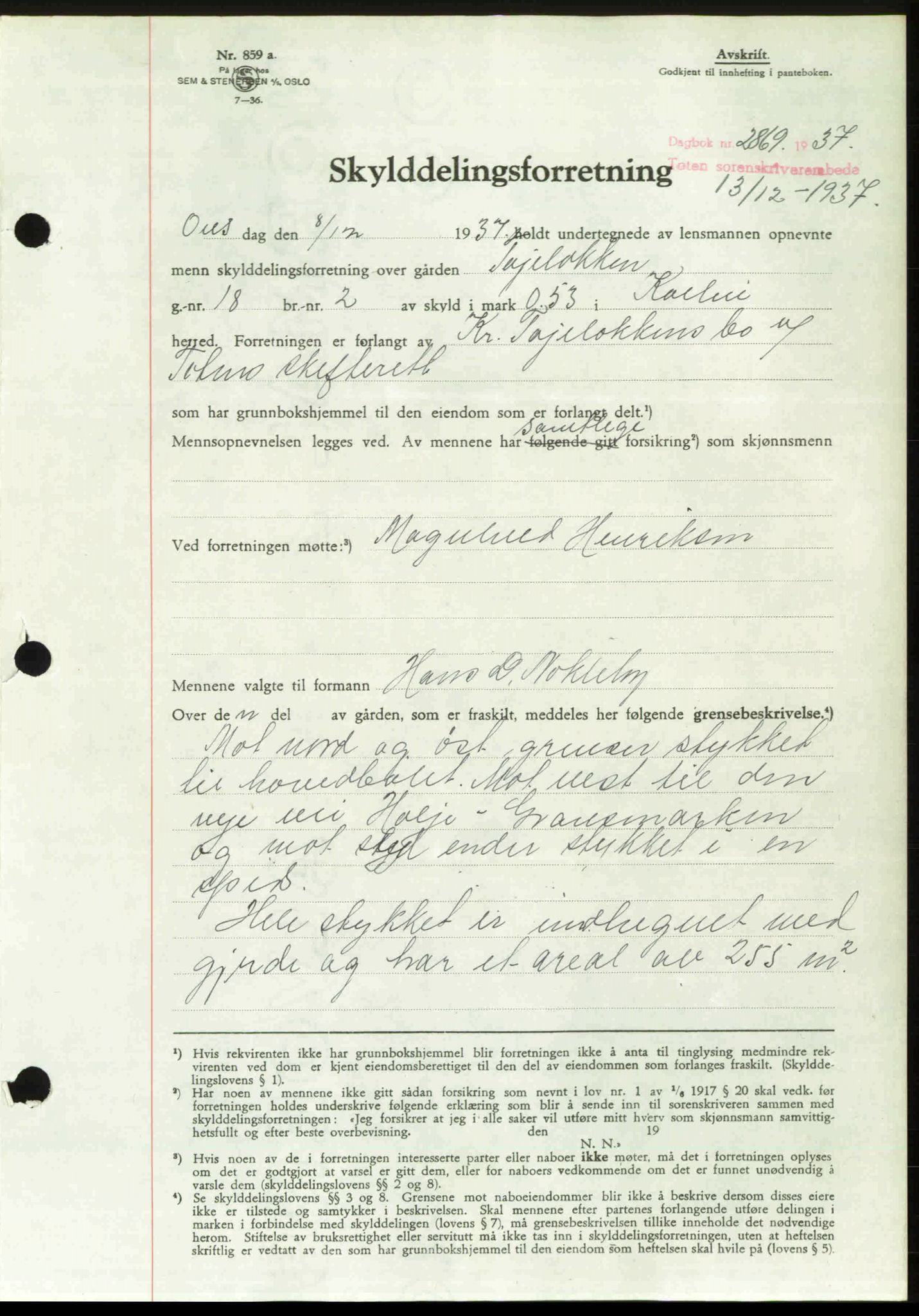 Toten tingrett, SAH/TING-006/H/Hb/Hbc/L0003: Mortgage book no. Hbc-03, 1937-1938, Diary no: : 2869/1937