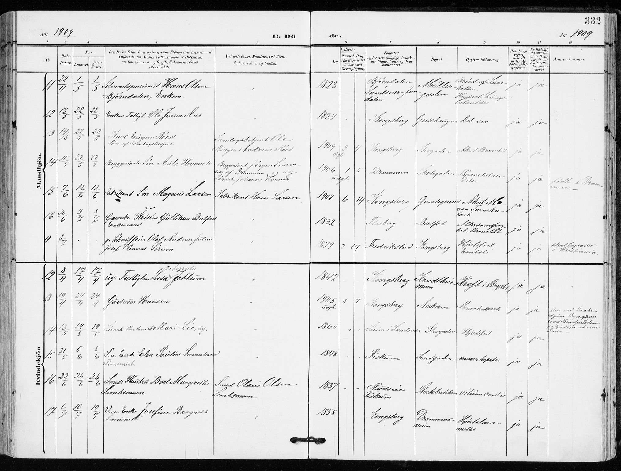 Kongsberg kirkebøker, SAKO/A-22/F/Fb/L0004: Parish register (official) no. II 4, 1906-1918, p. 332