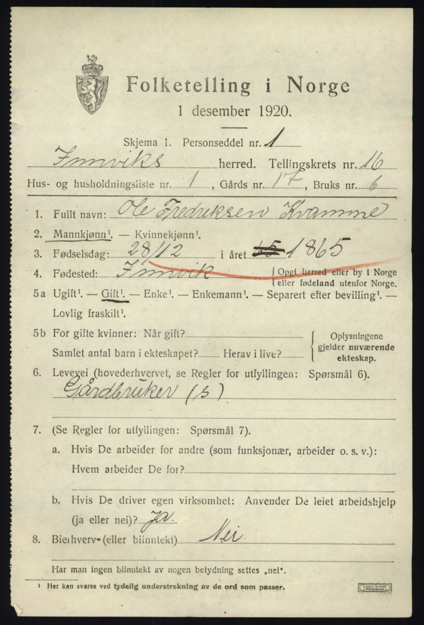 SAB, 1920 census for Innvik, 1920, p. 6409