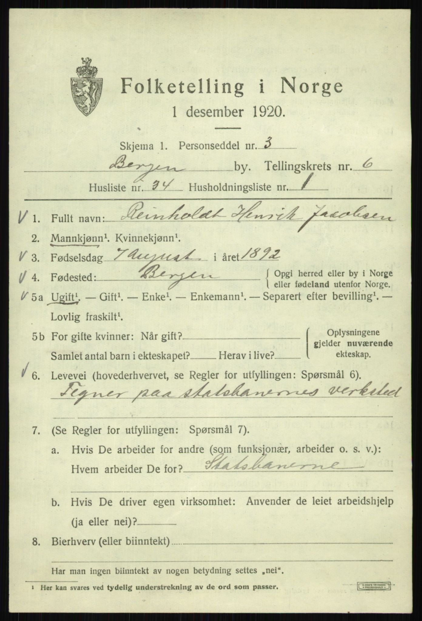 SAB, 1920 census for Bergen, 1920, p. 67070