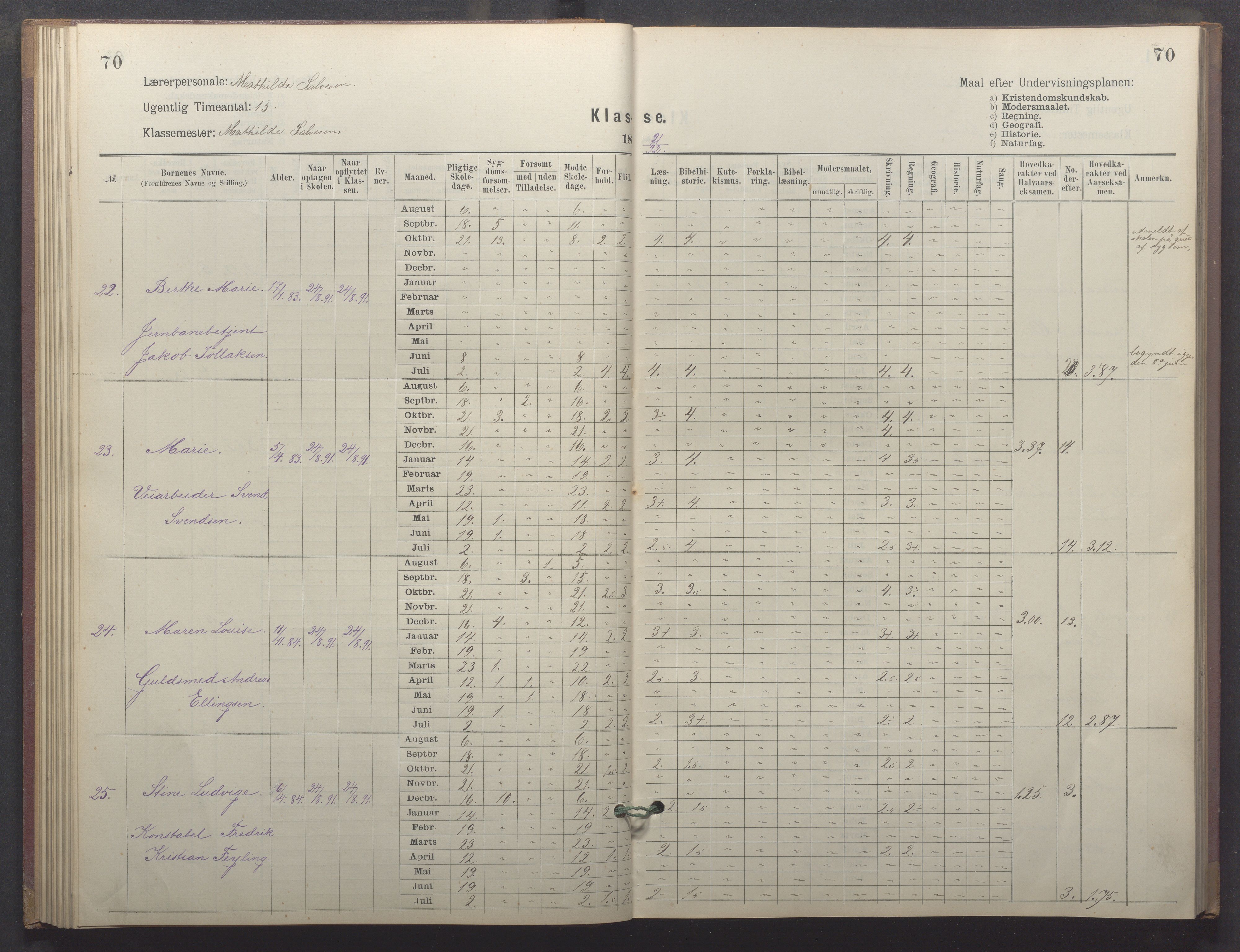 Egersund kommune (Ladested) - Egersund almueskole/folkeskole, IKAR/K-100521/H/L0026: Skoleprotokoll - Almueskolen, 1. klasse, 1889-1893, p. 70