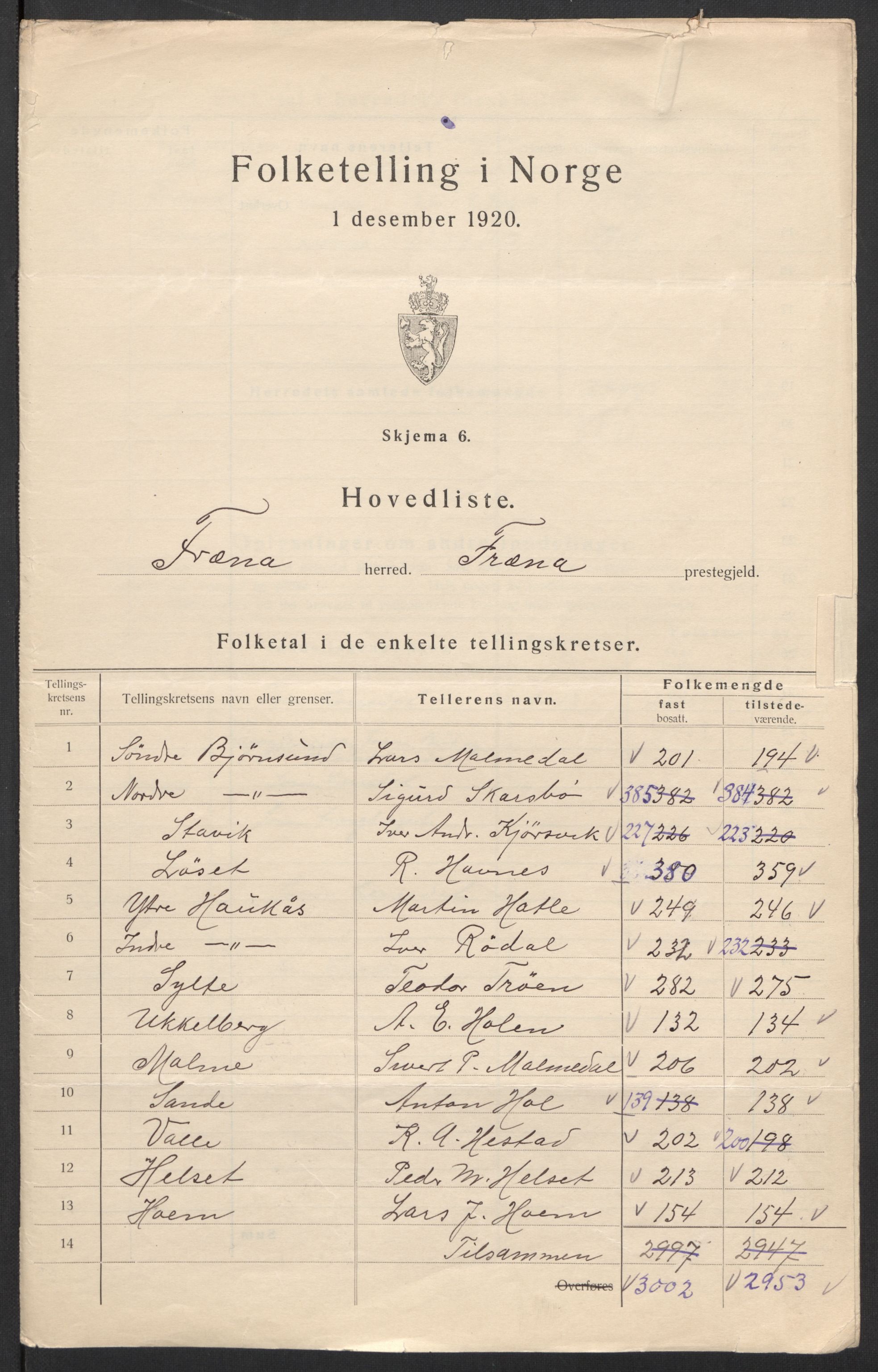 SAT, 1920 census for Fræna, 1920, p. 3