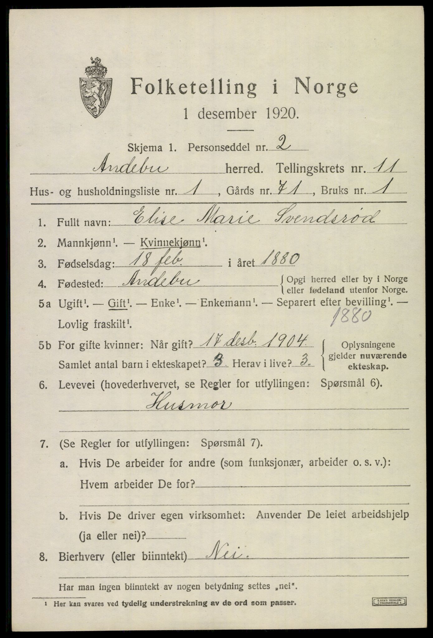 SAKO, 1920 census for Andebu, 1920, p. 4116