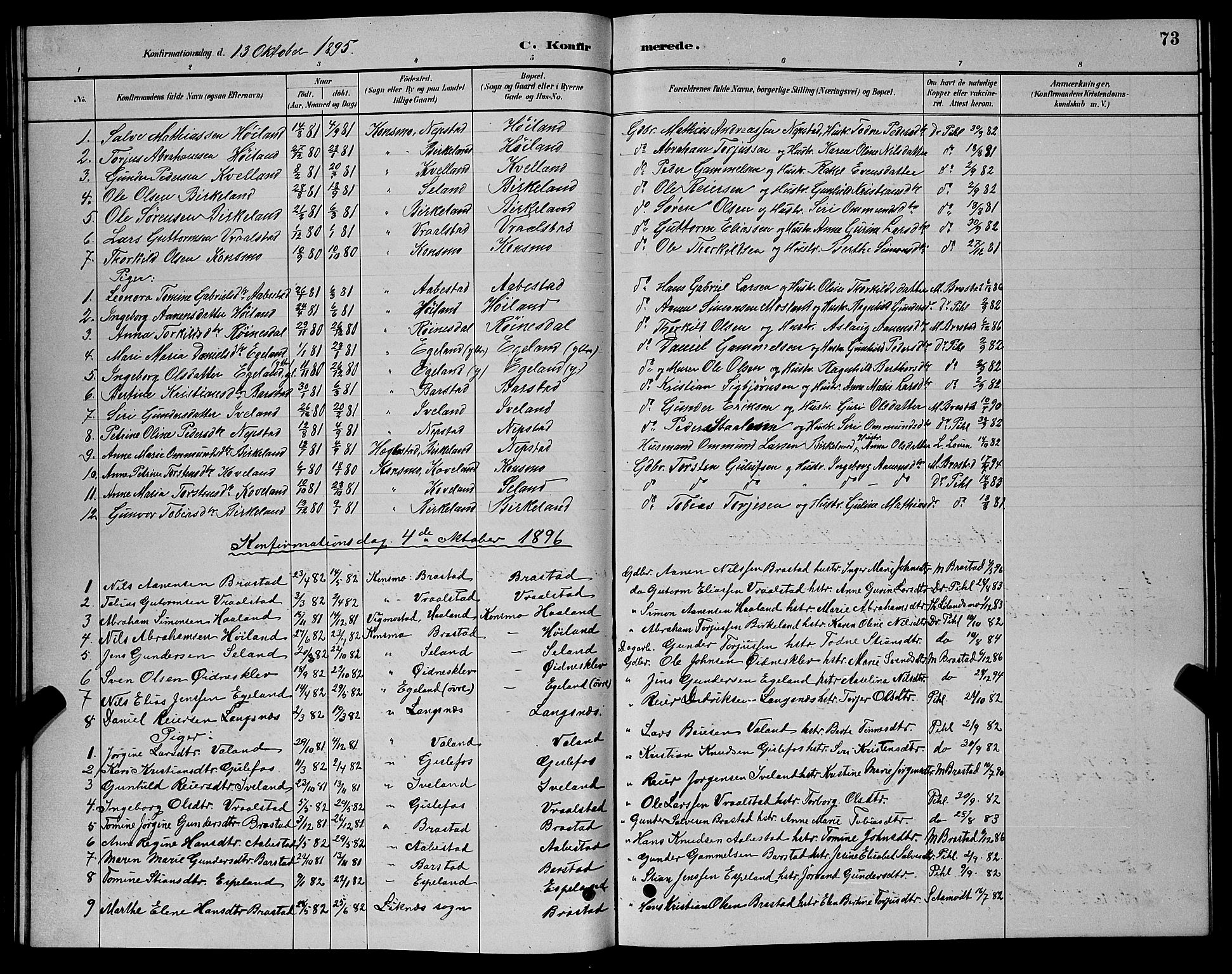 Nord-Audnedal sokneprestkontor, AV/SAK-1111-0032/F/Fb/Fba/L0003: Parish register (copy) no. B 3, 1881-1900, p. 73