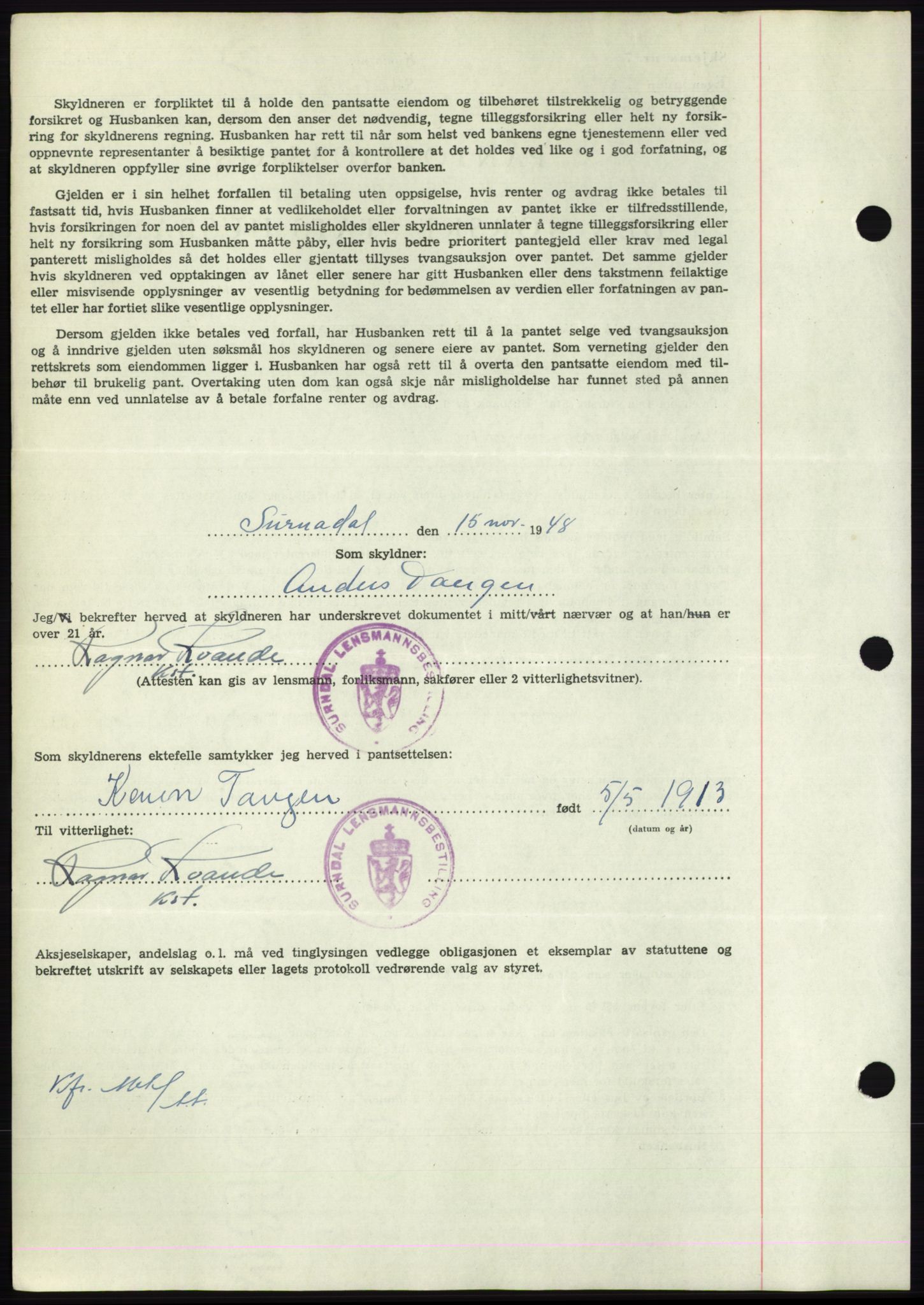 Nordmøre sorenskriveri, AV/SAT-A-4132/1/2/2Ca: Mortgage book no. B100, 1948-1949, Diary no: : 3237/1948