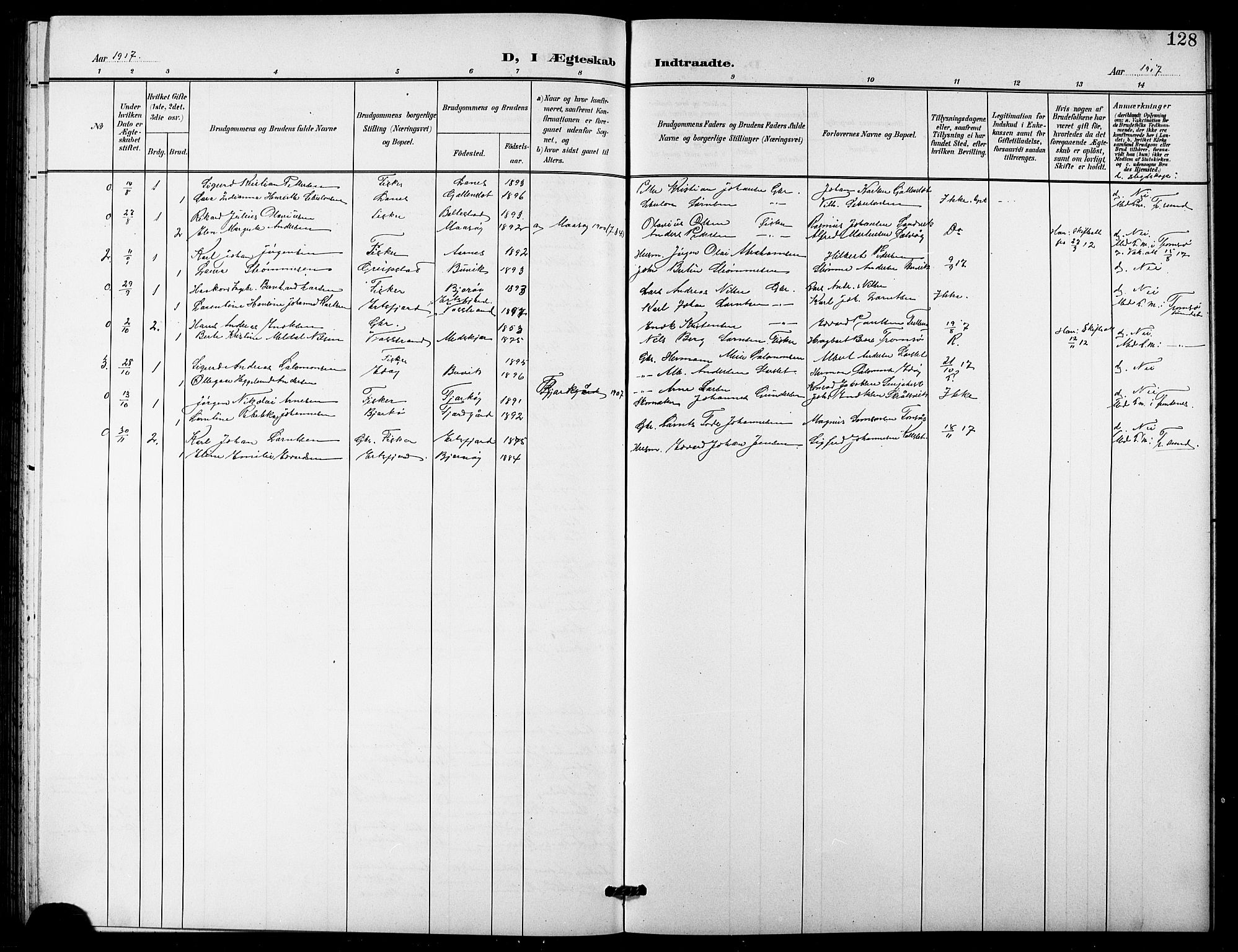 Lenvik sokneprestembete, SATØ/S-1310/H/Ha/Hab/L0022klokker: Parish register (copy) no. 22, 1901-1918, p. 128