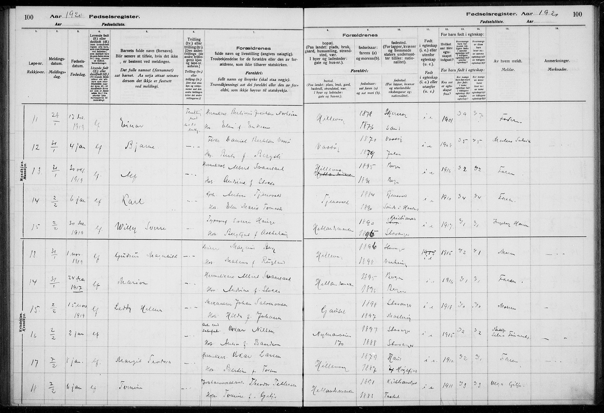 Hetland sokneprestkontor, AV/SAST-A-101826/70/704BA/L0003: Birth register no. 1, 1916-1923, p. 100