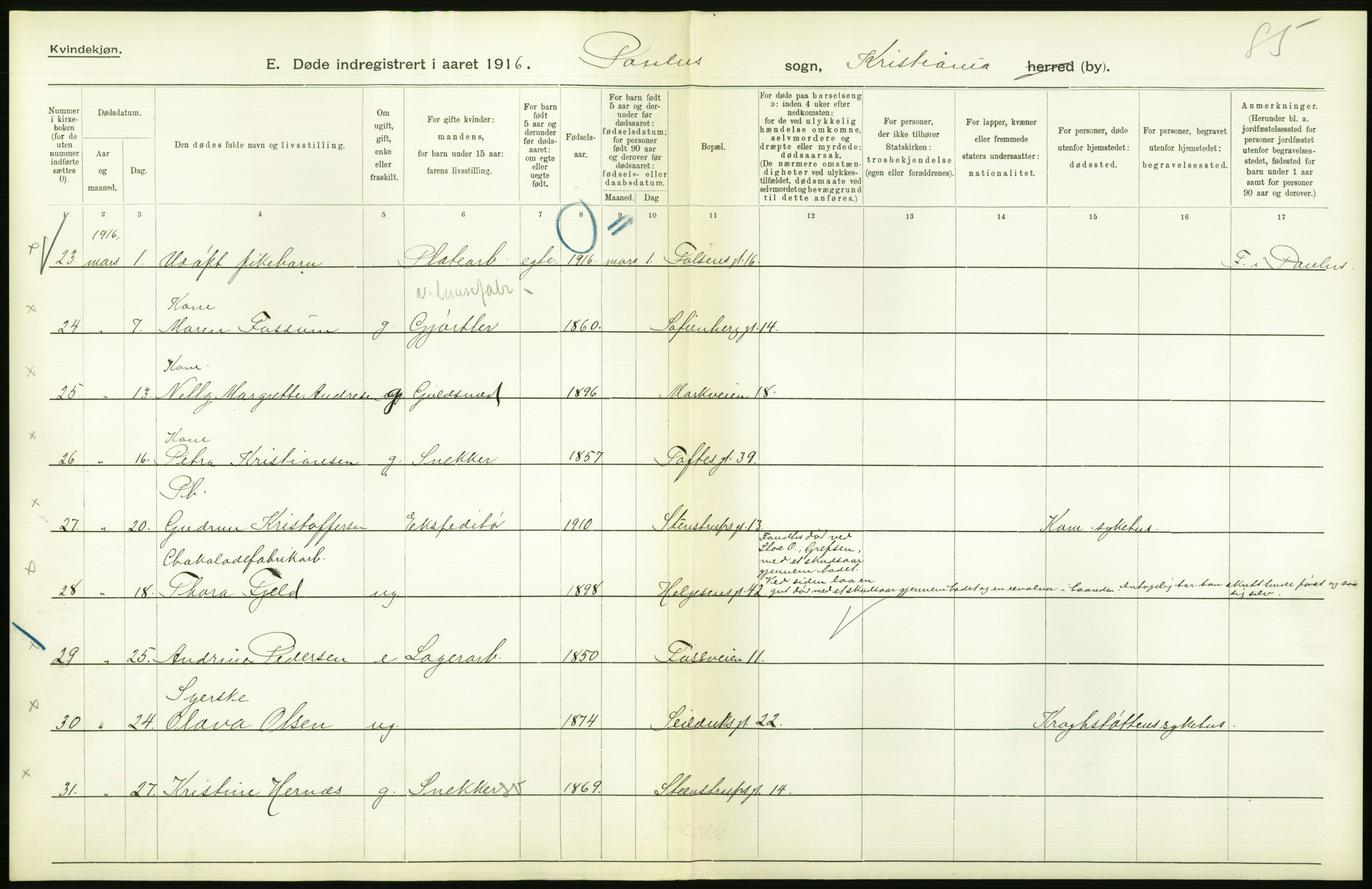 Statistisk sentralbyrå, Sosiodemografiske emner, Befolkning, AV/RA-S-2228/D/Df/Dfb/Dfbf/L0009: Kristiania: Døde., 1916, p. 8