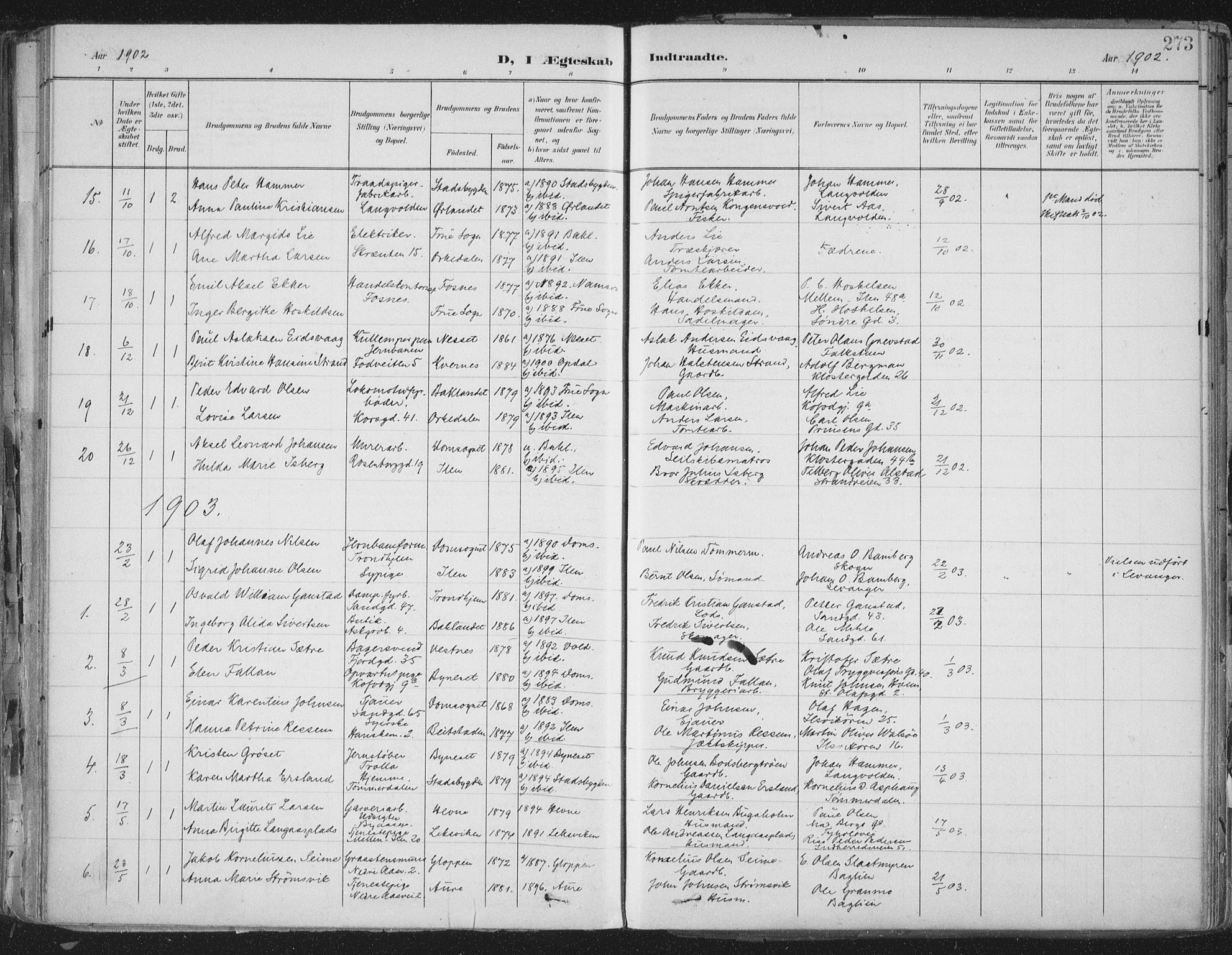 Ministerialprotokoller, klokkerbøker og fødselsregistre - Sør-Trøndelag, SAT/A-1456/603/L0167: Parish register (official) no. 603A06, 1896-1932, p. 273