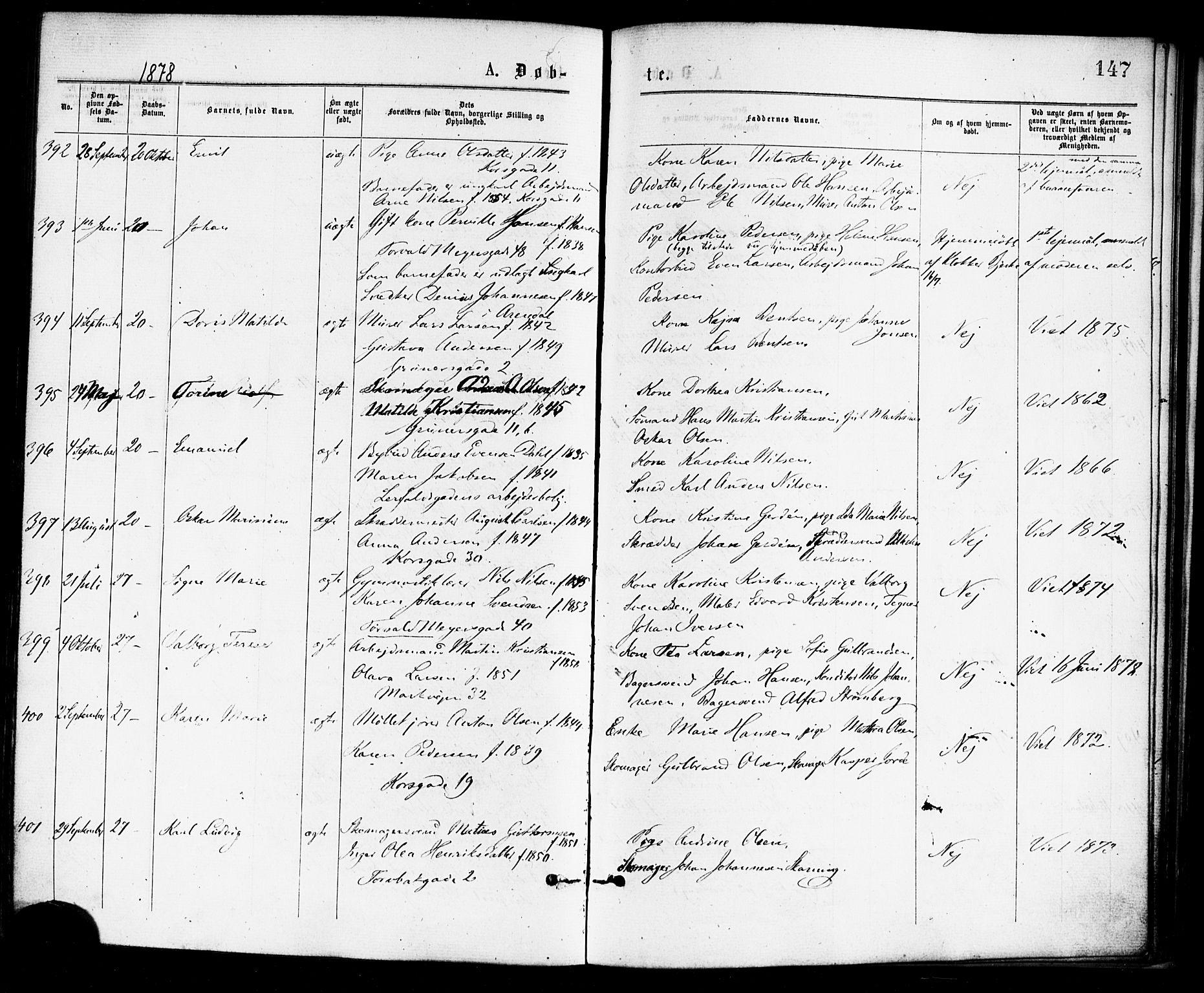 Paulus prestekontor Kirkebøker, AV/SAO-A-10871/F/Fa/L0001: Parish register (official) no. 1, 1875-1878, p. 147