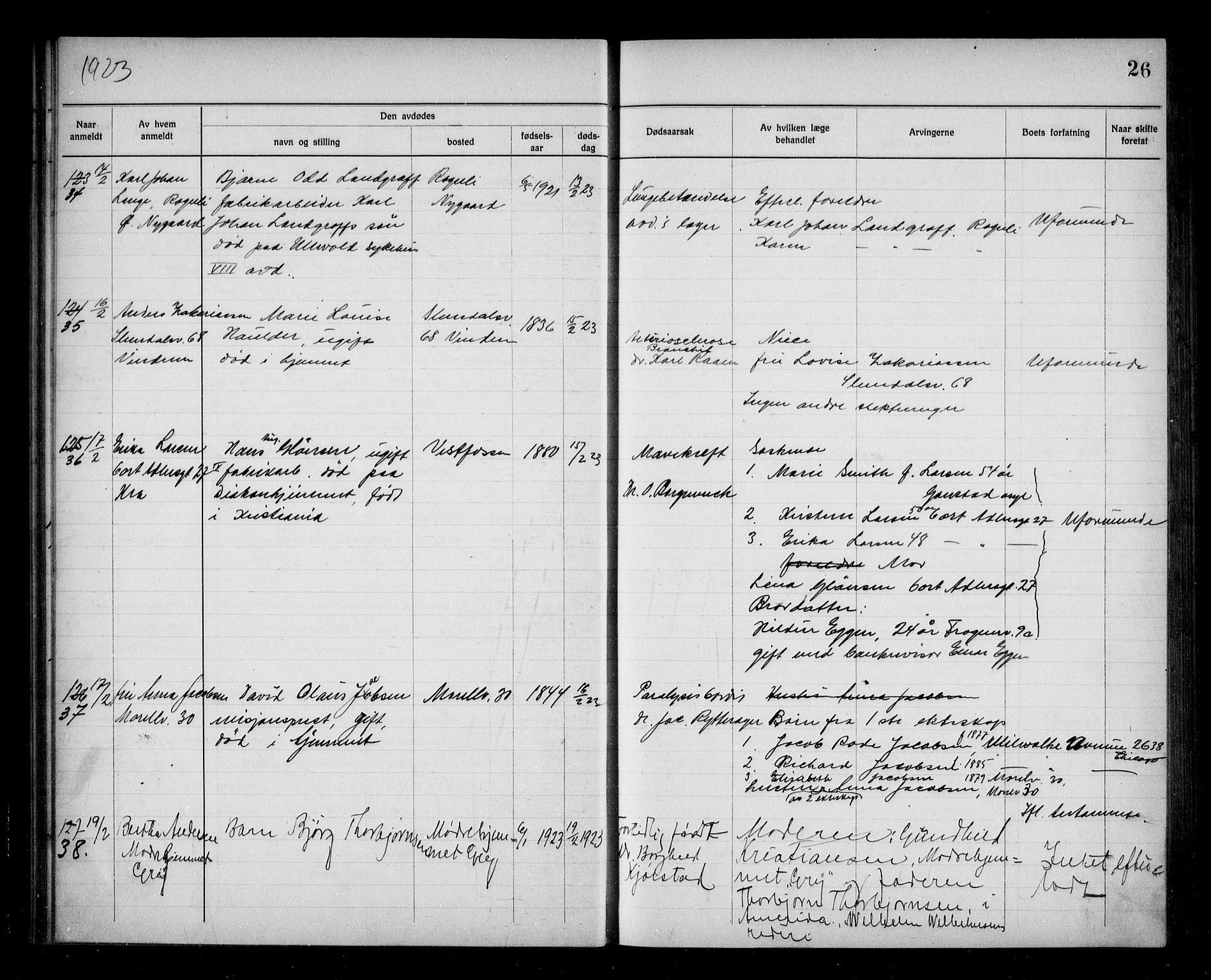 Aker kriminaldommer, skifte- og auksjonsforvalterembete, AV/SAO-A-10452/H/Hb/Hba/Hbab/L0001: Dødsfallsprotokoll for Vestre Aker, 1922-1925, p. 26