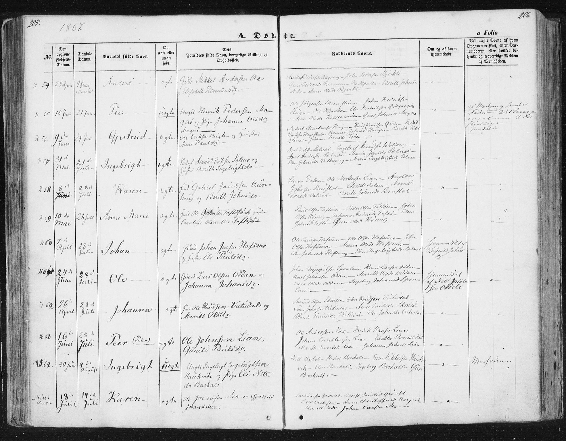 Ministerialprotokoller, klokkerbøker og fødselsregistre - Sør-Trøndelag, AV/SAT-A-1456/630/L0494: Parish register (official) no. 630A07, 1852-1868, p. 205-206