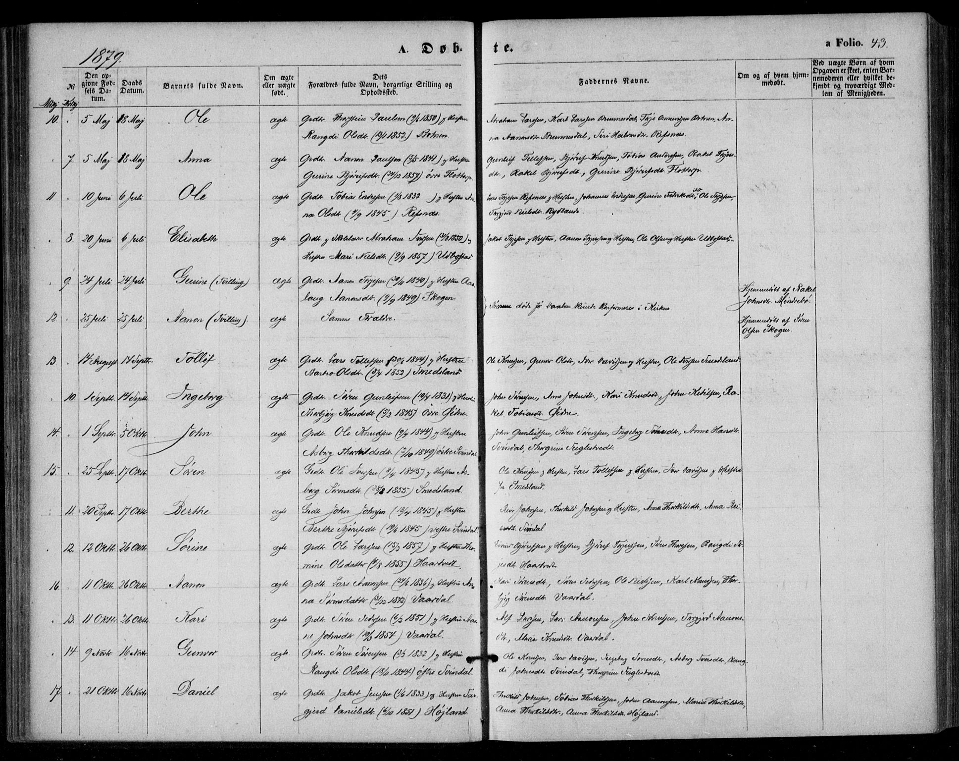 Bjelland sokneprestkontor, SAK/1111-0005/F/Fa/Fac/L0002: Parish register (official) no. A 2, 1866-1887, p. 43