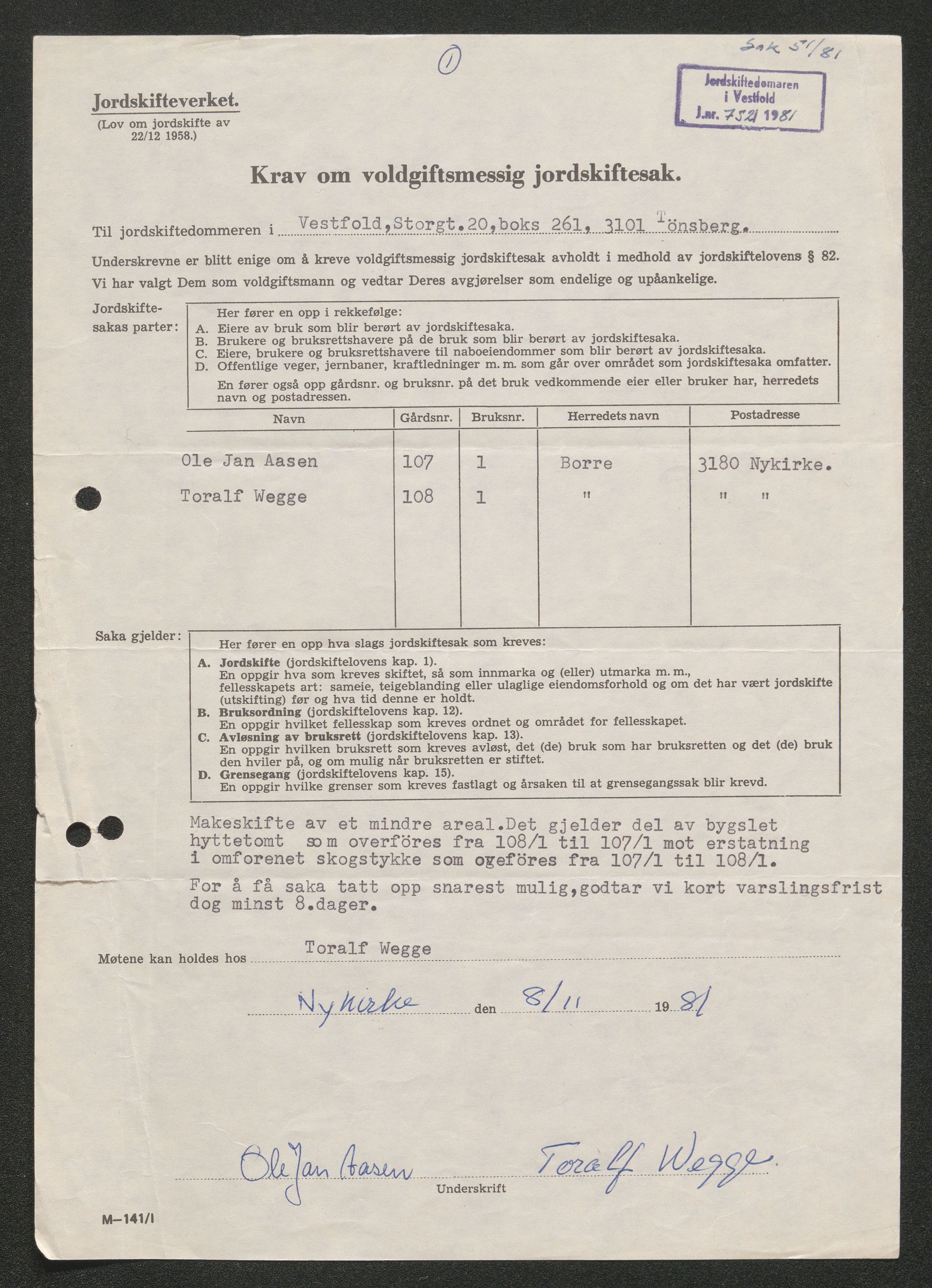 Vestfold jordskifterett, AV/SAKO-A-1152/G/Gb/L0021/0003: Horten, gnr. 72-108 / Gårdsnr. 108: Sak 0700-1981-0051, 1982-1984, p. 4