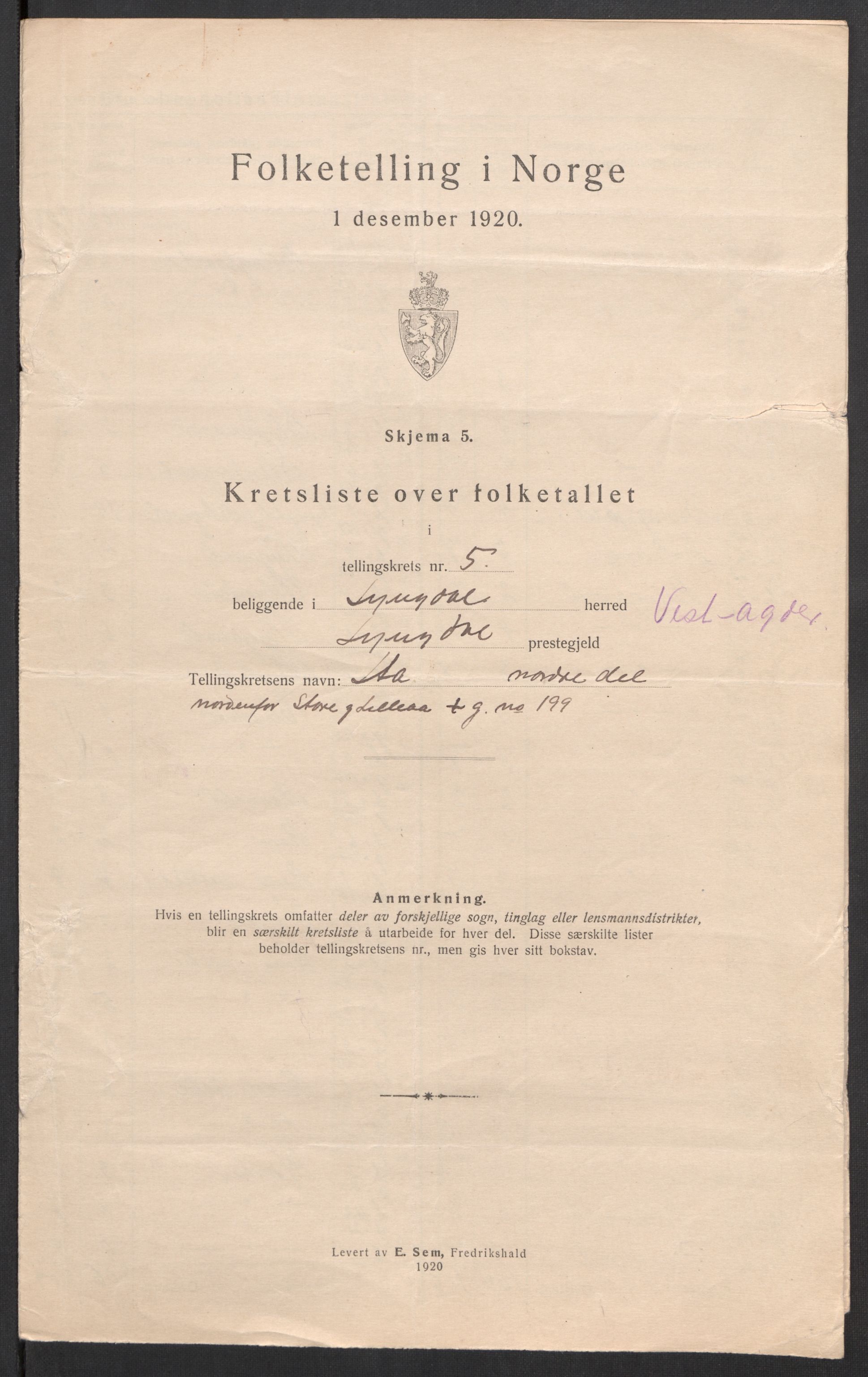 SAK, 1920 census for Lyngdal, 1920, p. 18