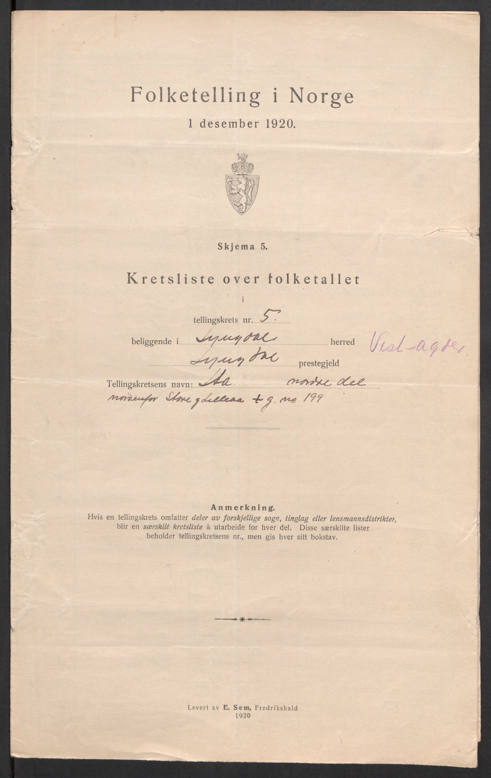 SAK, 1920 census for Lyngdal, 1920, p. 18