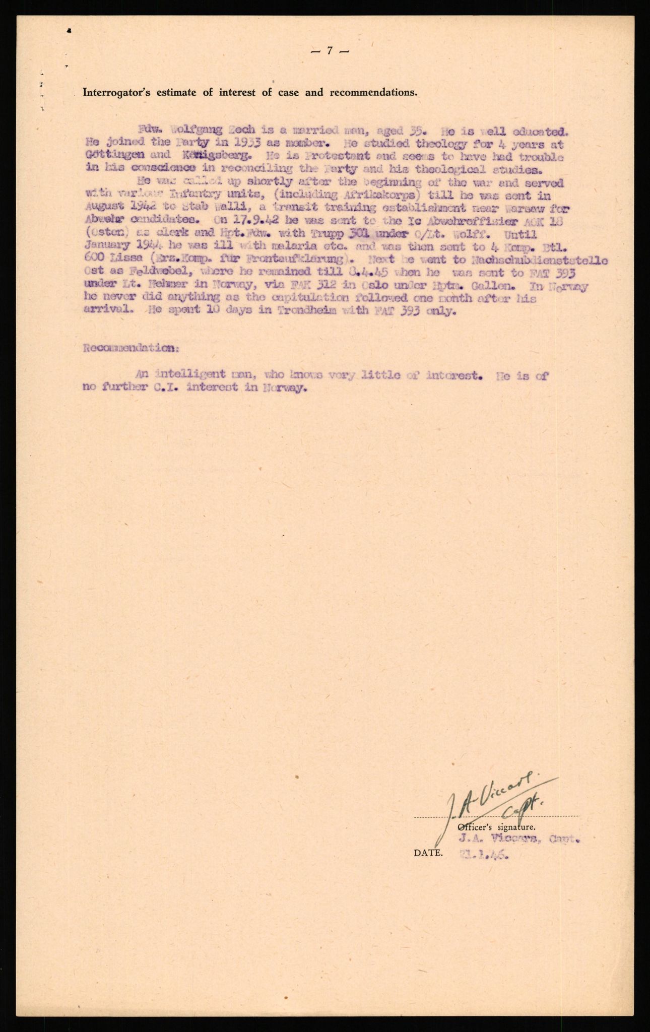 Forsvaret, Forsvarets overkommando II, AV/RA-RAFA-3915/D/Db/L0037: CI Questionaires. Tyske okkupasjonsstyrker i Norge. Tyskere., 1945-1946, p. 79