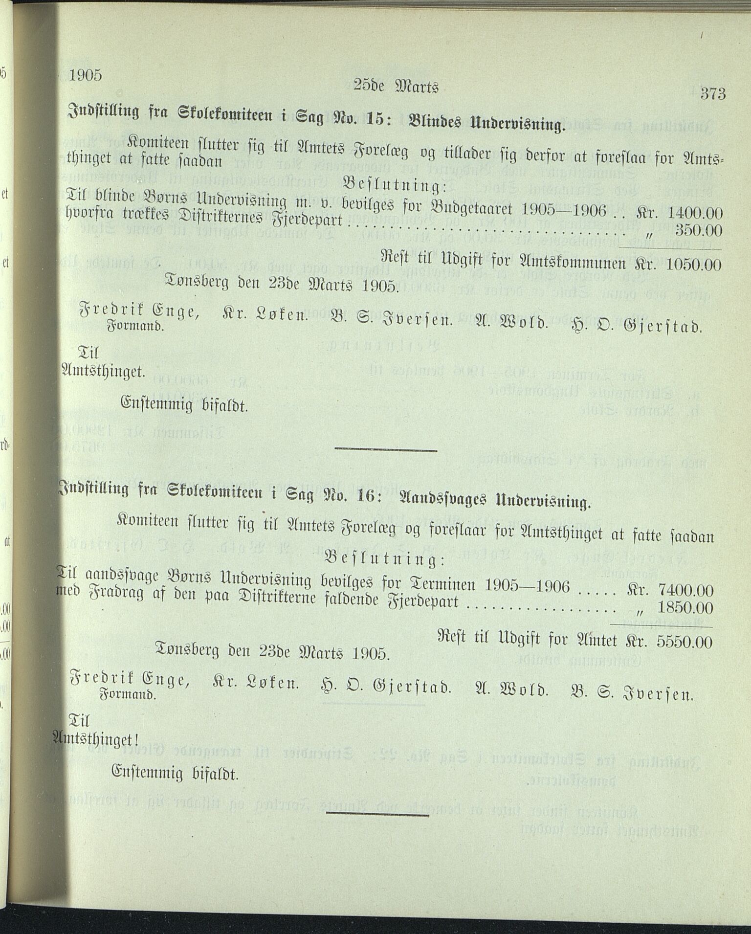 Vestfold fylkeskommune. Fylkestinget, VEMU/A-1315/A/Ab/Abb/L0052: Fylkestingsforhandlinger, 1905, p. 373