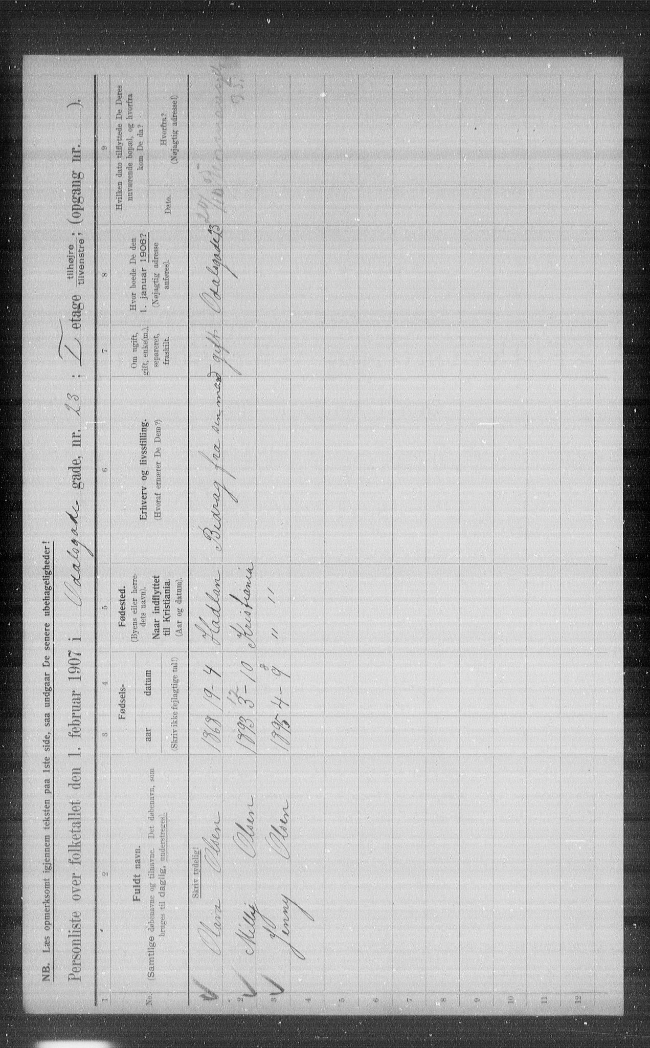 OBA, Municipal Census 1907 for Kristiania, 1907, p. 38186