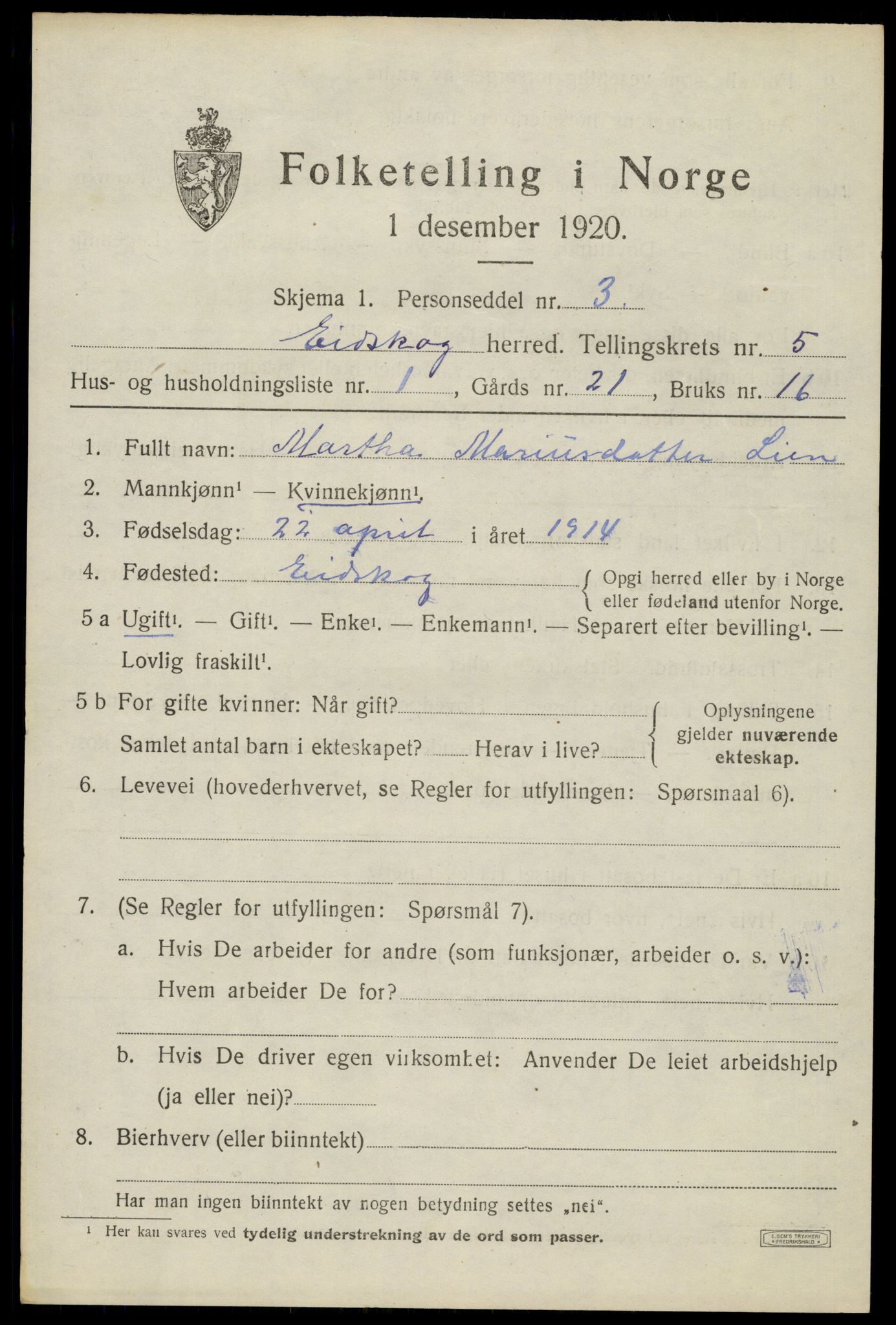 SAH, 1920 census for Eidskog, 1920, p. 5763