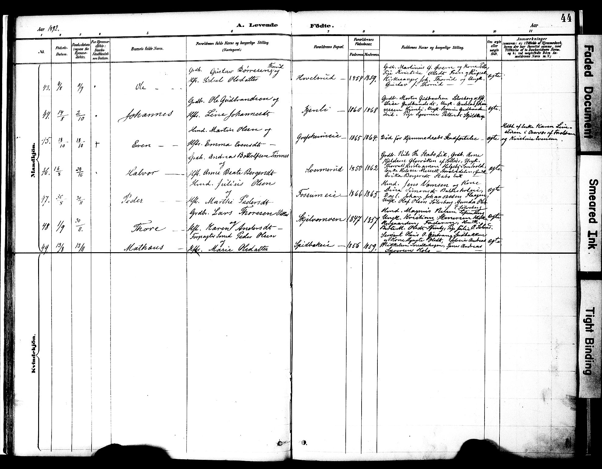 Nes prestekontor, Hedmark, SAH/PREST-020/K/Ka/L0009: Parish register (official) no. 9, 1887-1905, p. 44
